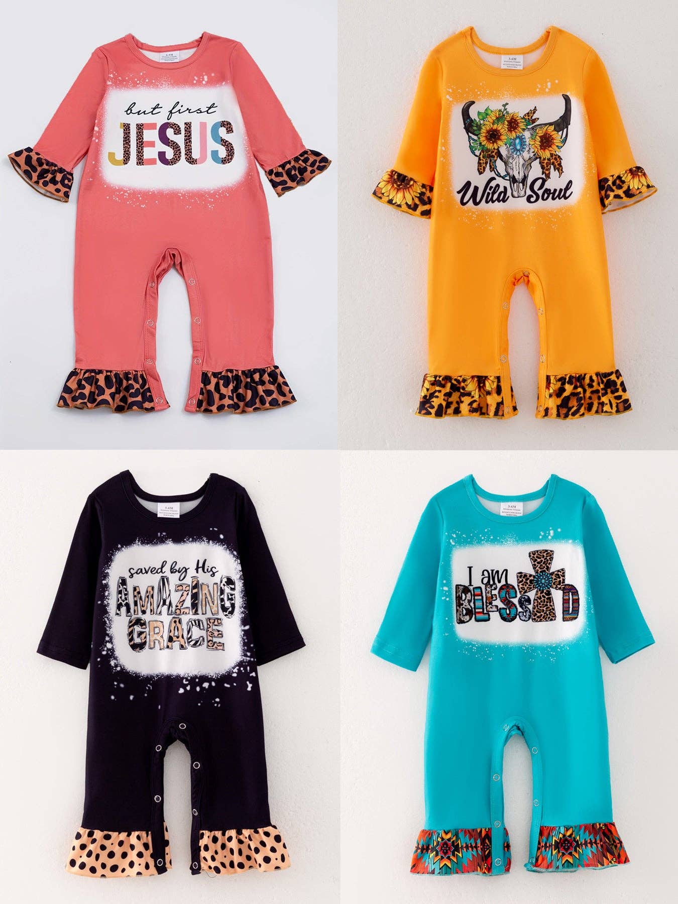 4 piece Baby Girl Autumn /Winter Letter Leopard OX O-neck Ruffle Romper Set