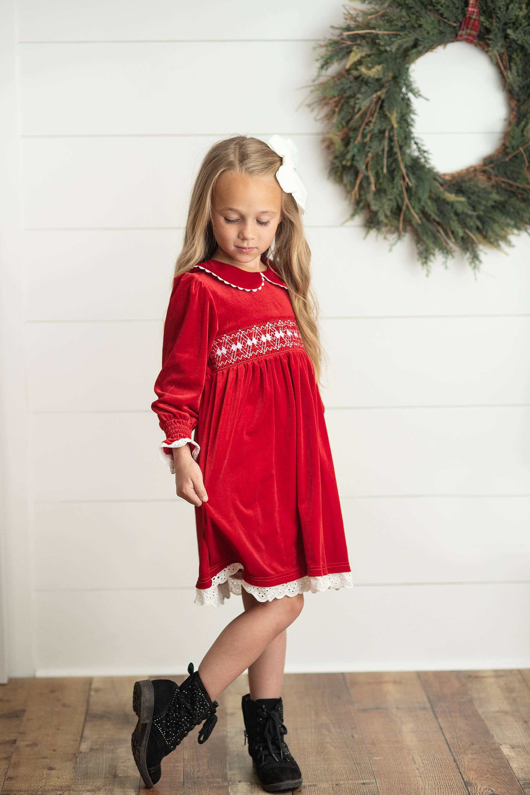 Kids Red Velvet Smocked Lace Peter Pan Winter Holiday Dress