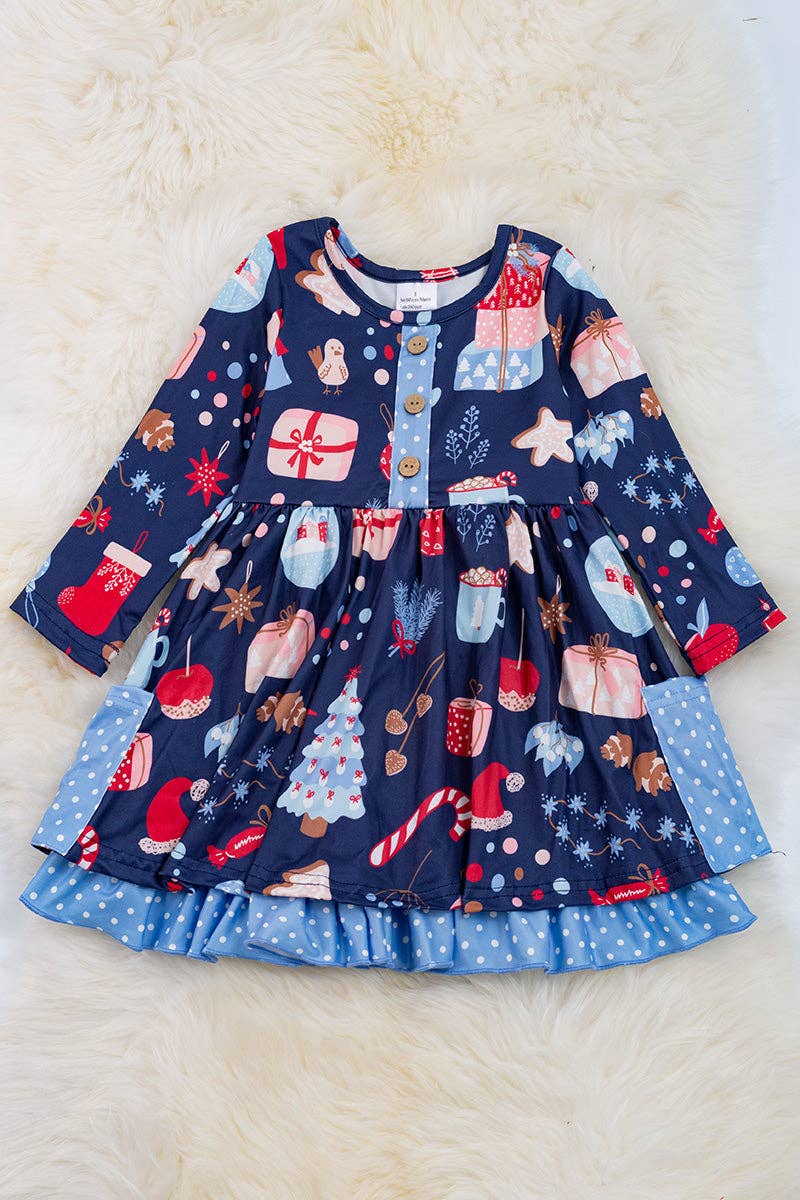 Navy blue Christmas Ornament dress w/side pocket. DRG5013306