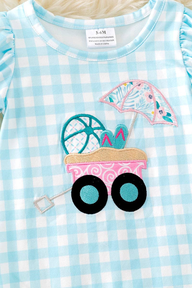 Gingham wagon application girls baby romper. RPG50361 Jean