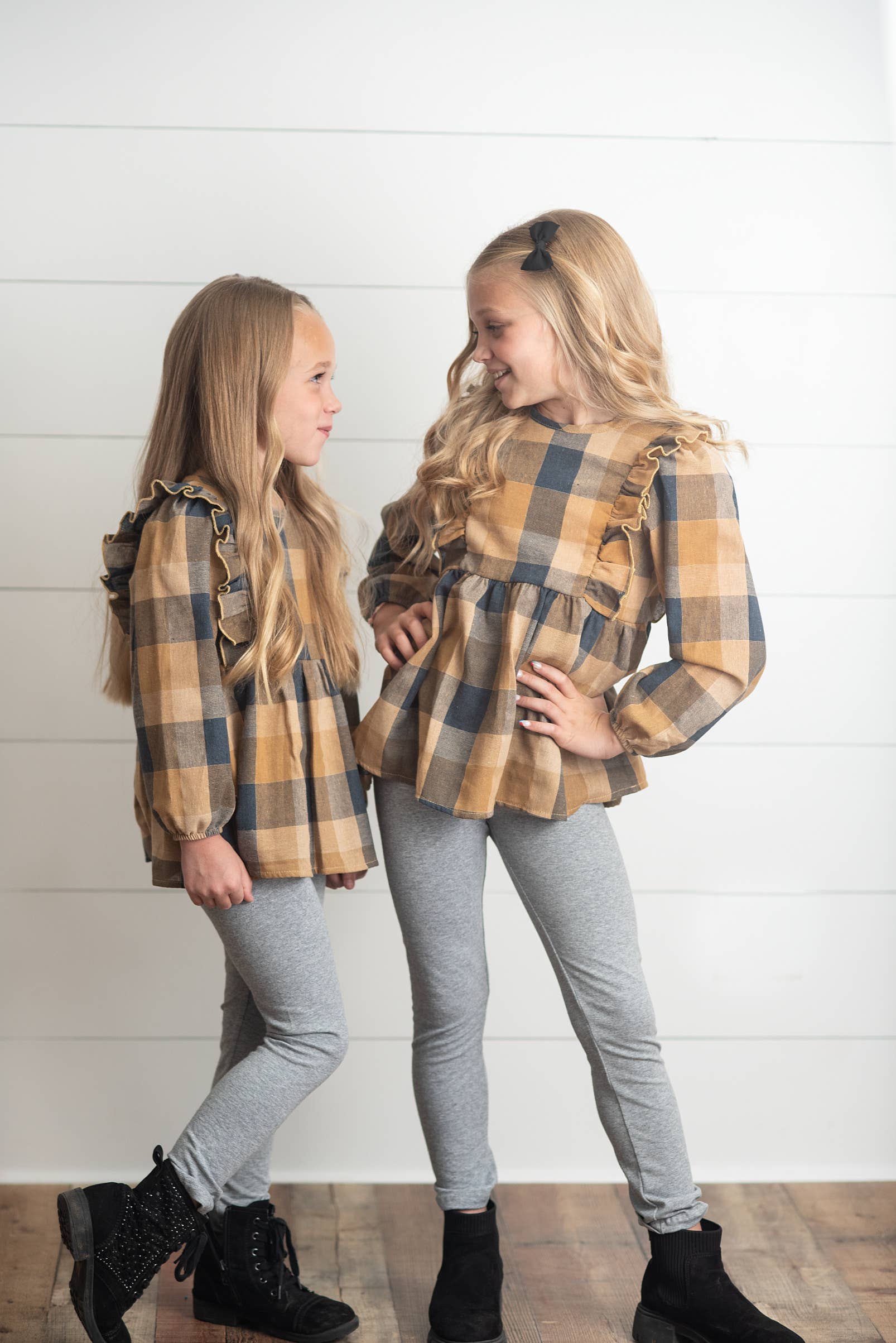 Girls Mustard & Gray Plaid Ruffle Button Fall Winter Set