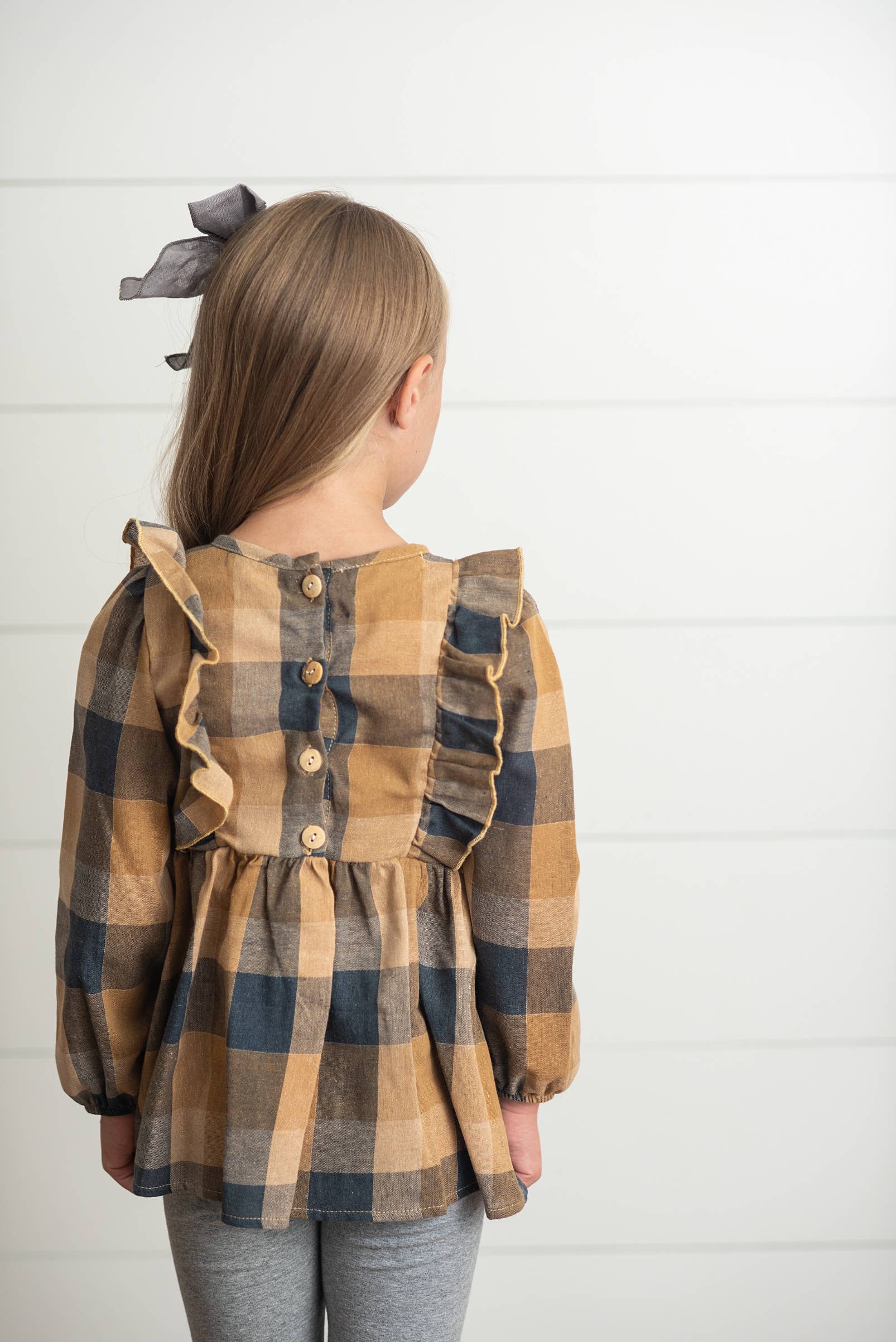 Girls Mustard & Gray Plaid Ruffle Button Fall Winter Set