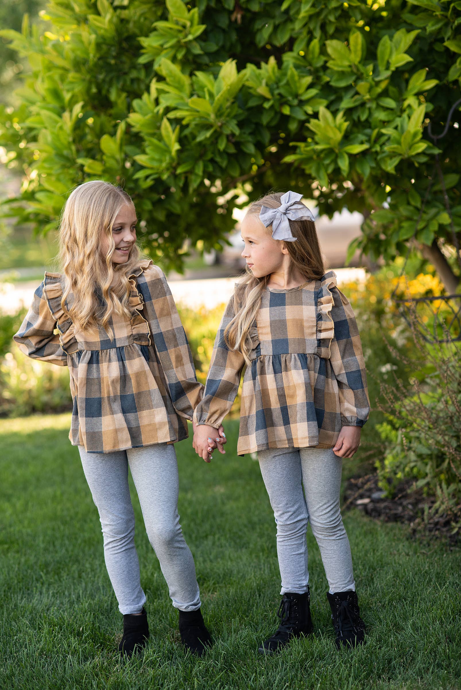 Girls Mustard & Gray Plaid Ruffle Button Fall Winter Set