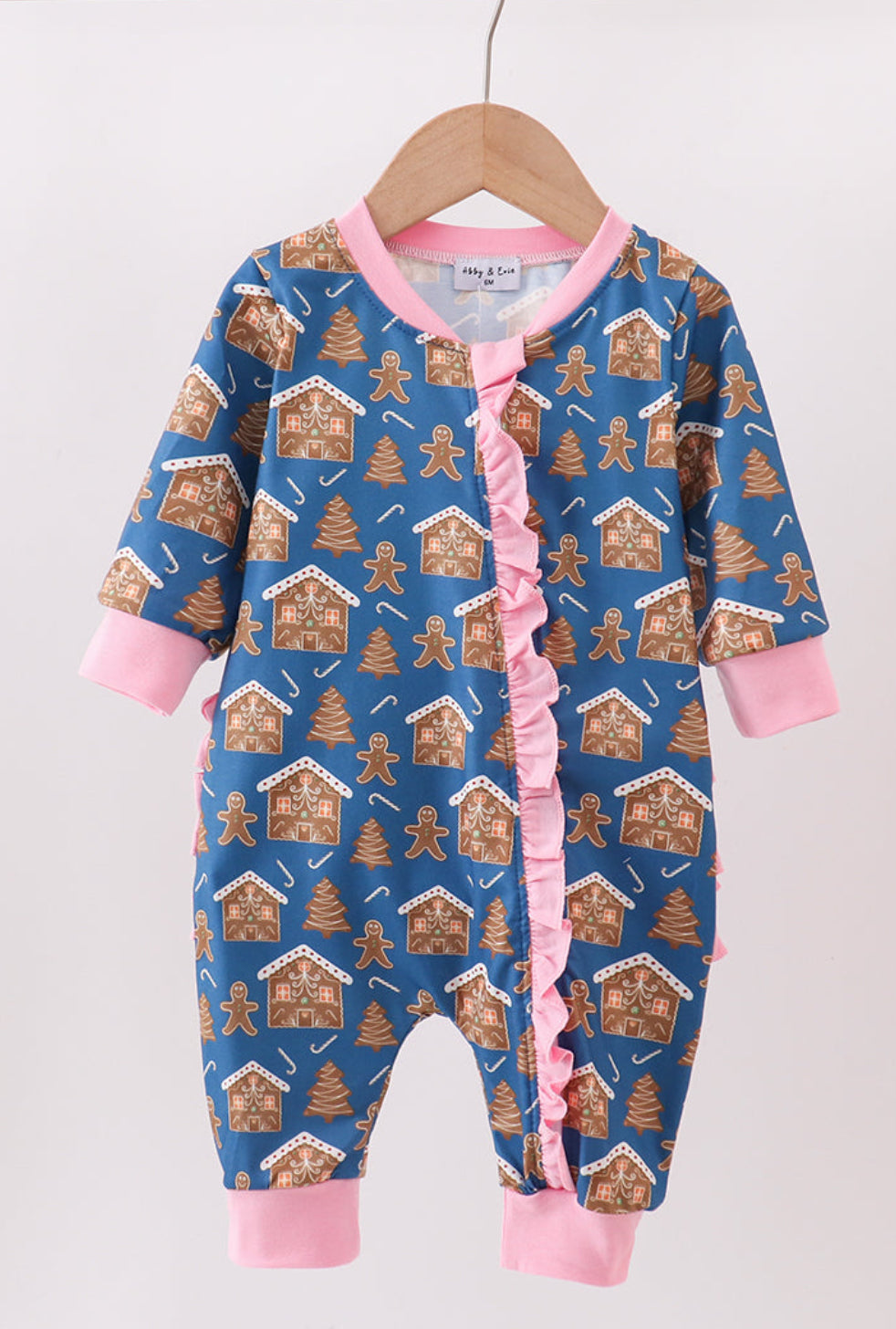 Navy gingerbread print ruffle romper