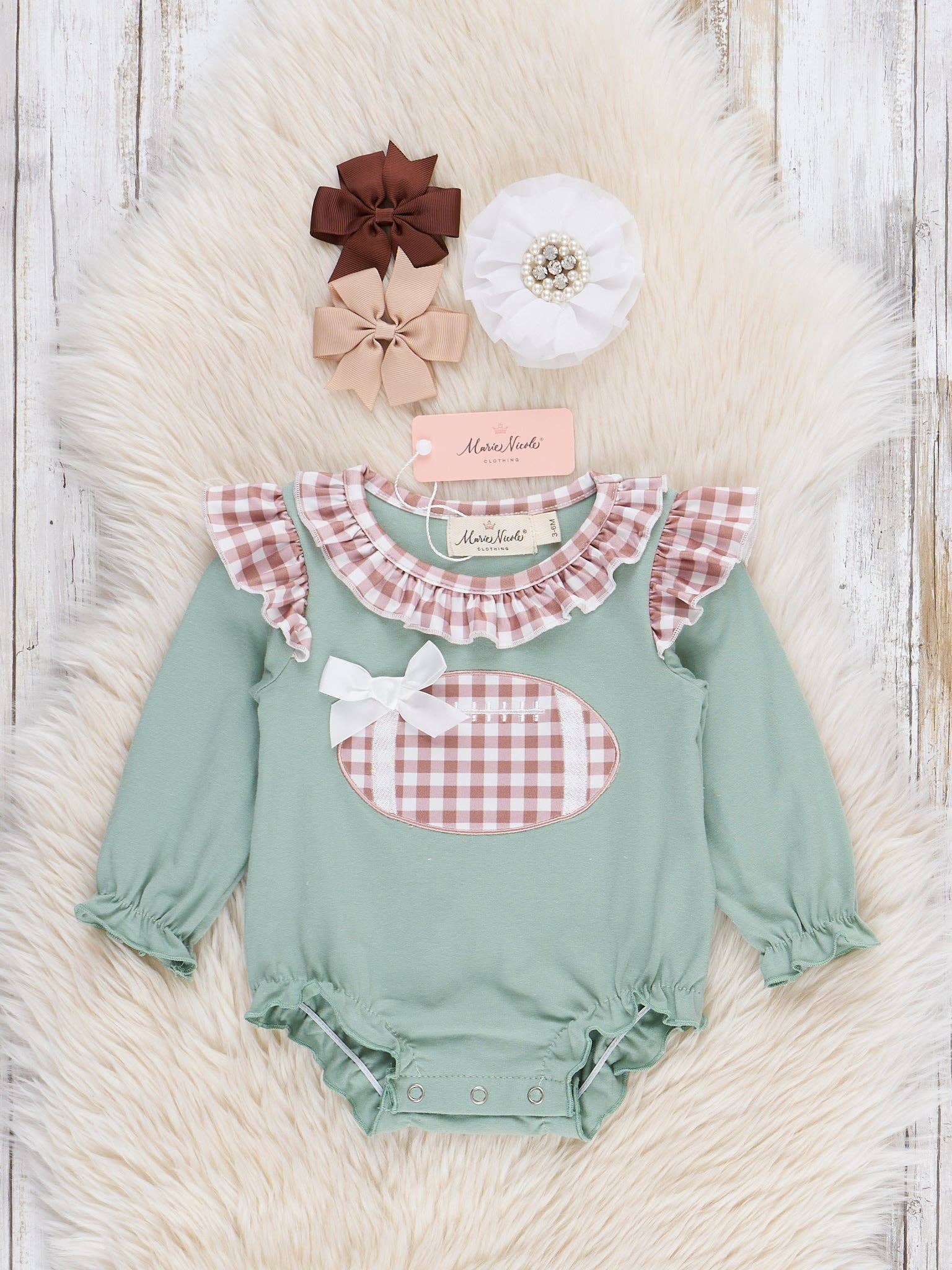 First Down Embroidered Gingham Football Ruffle Romper