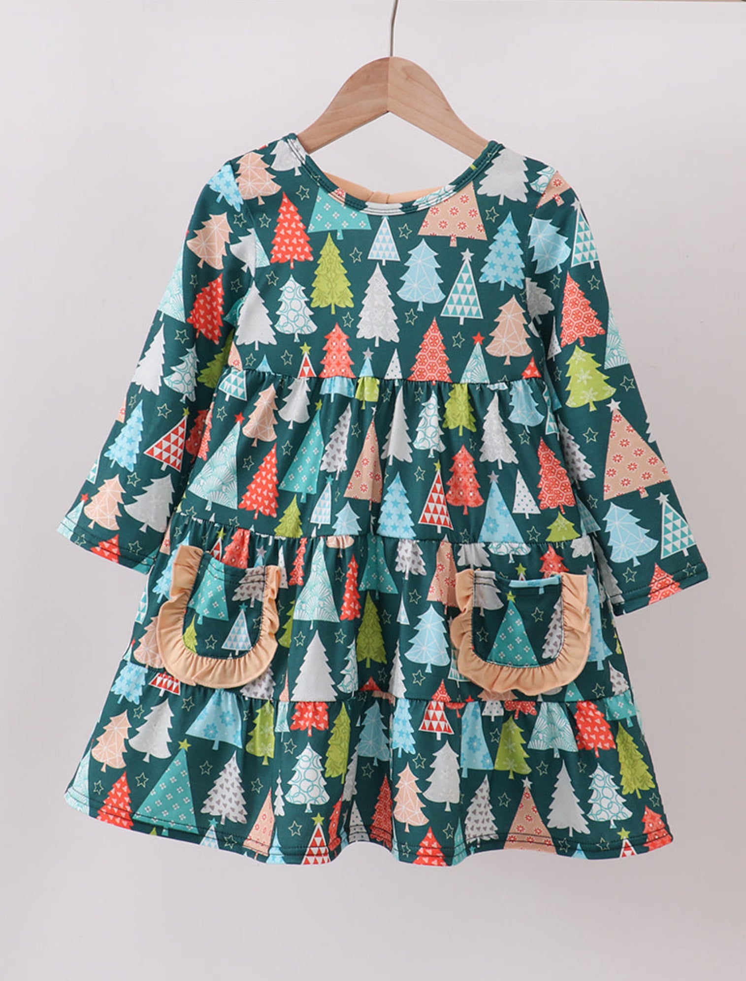 Green tree print ruffle dress