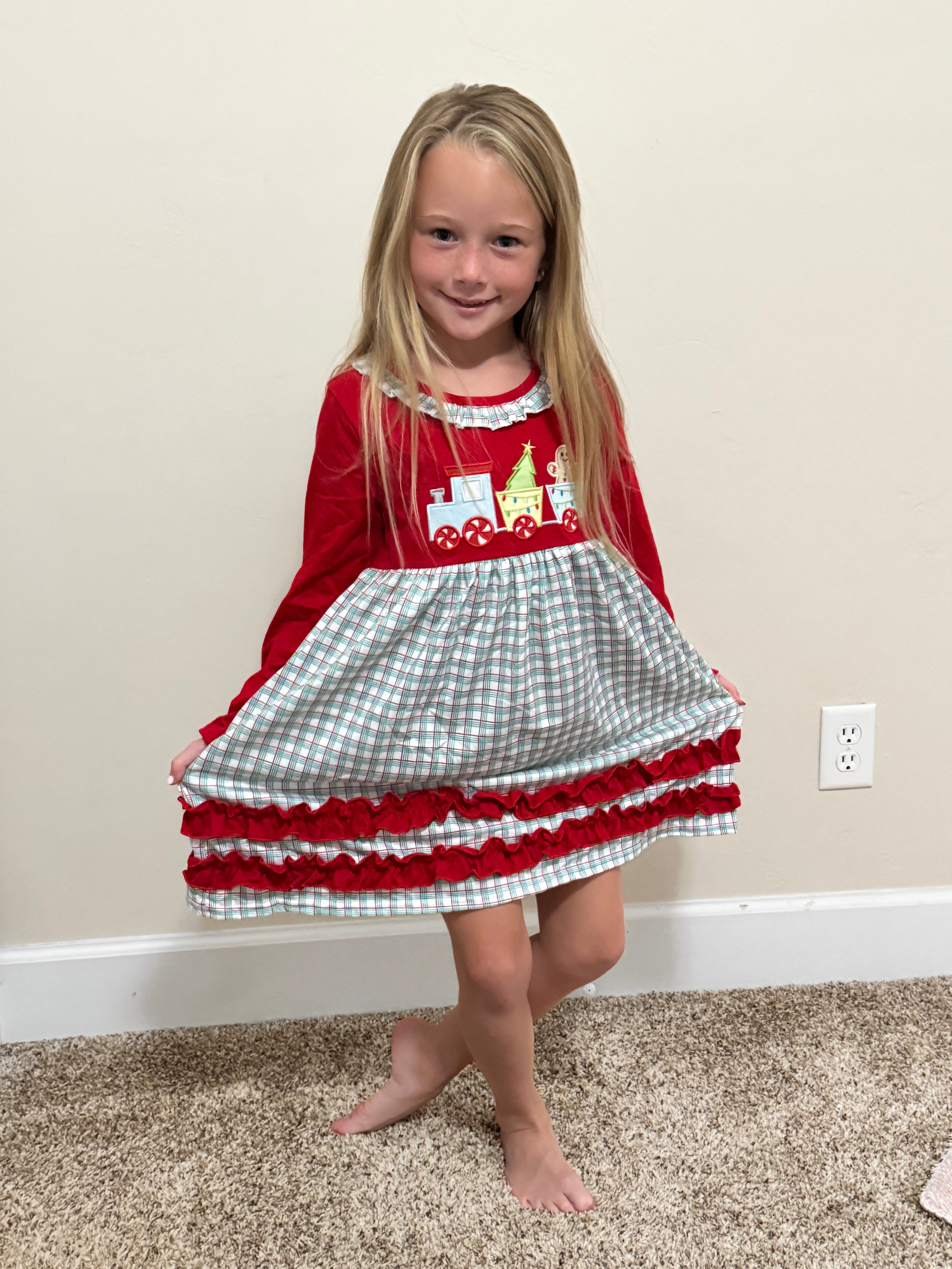 Red Gingerbread applique ruffle dress