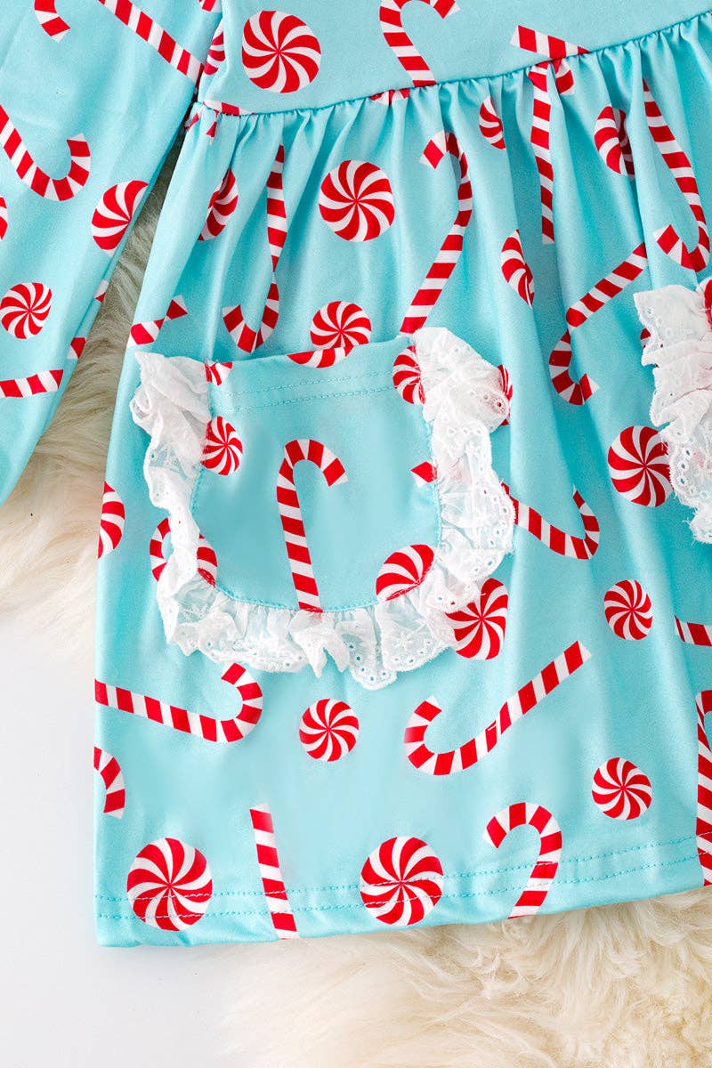 Candy cane aqua dress with embroidered pockets.🎄DRG42123 AMY