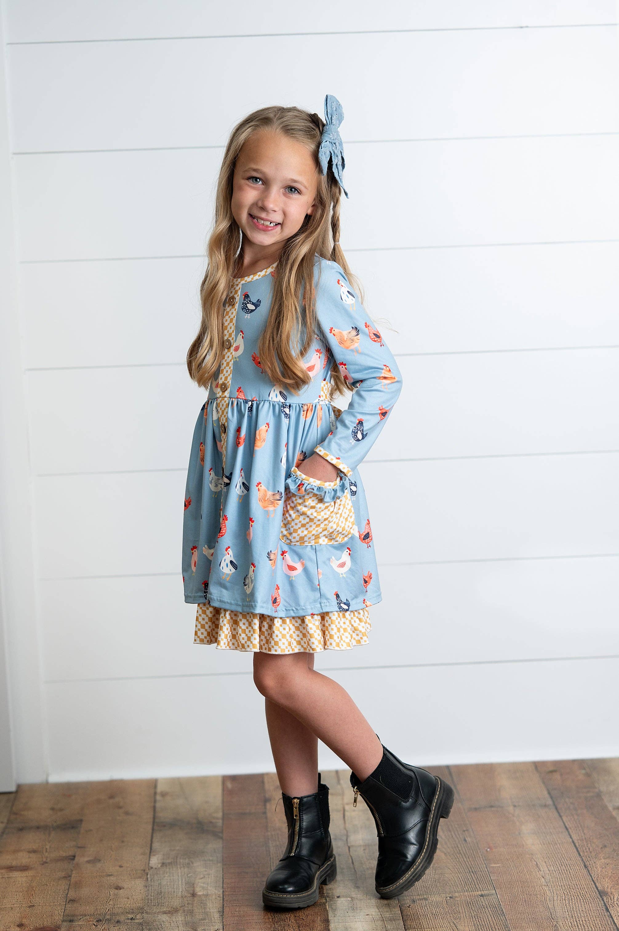 Girls Blue Chicken Ruffle Button Pocket Tie Fall Dress