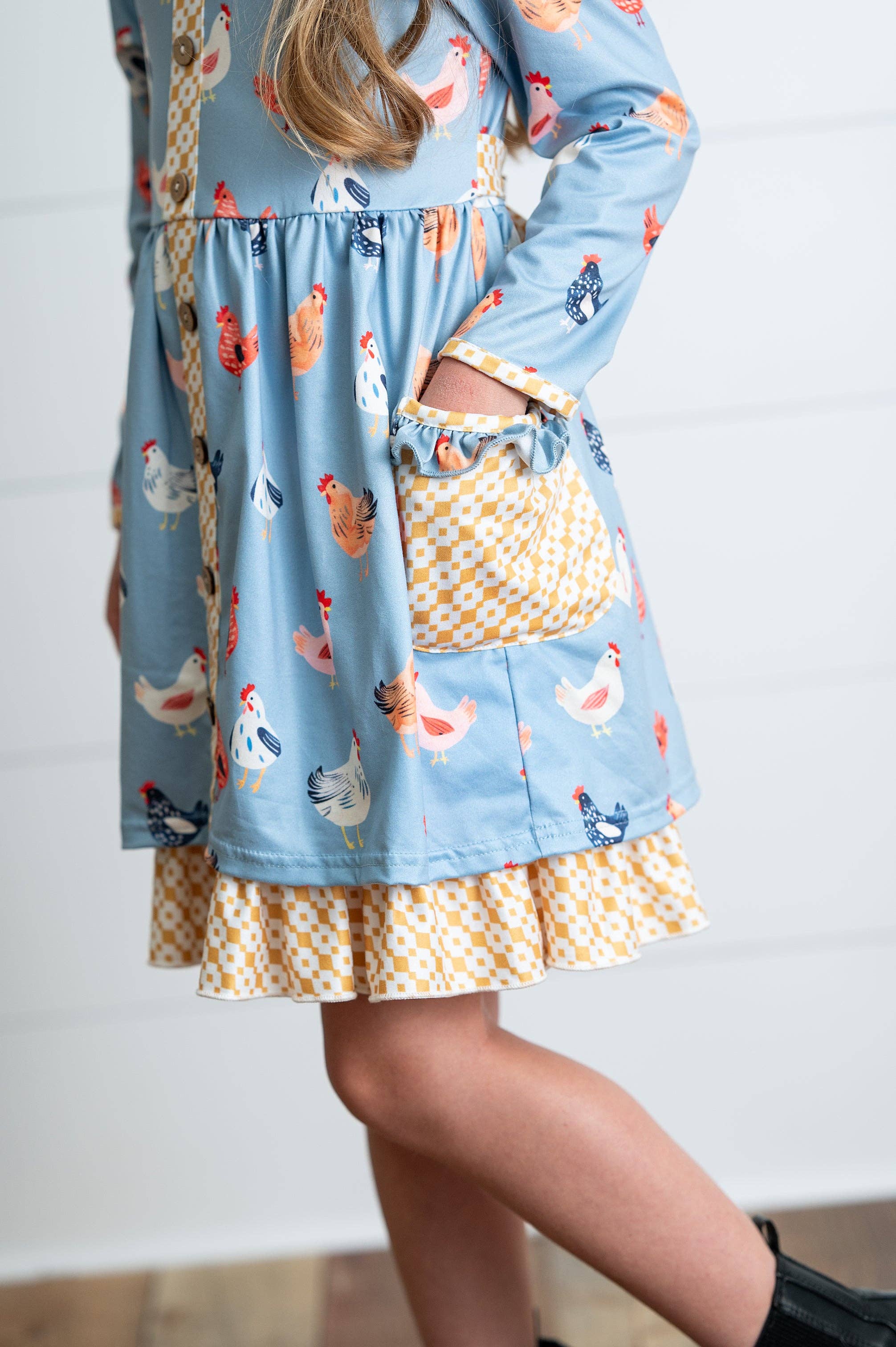 Girls Blue Chicken Ruffle Button Pocket Tie Fall Dress