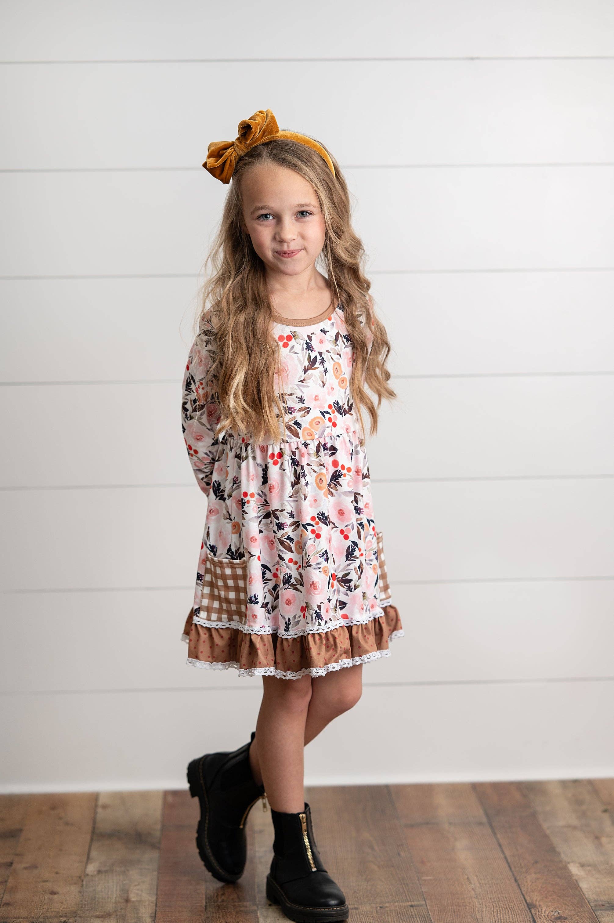 Girls Brown Check Pocket Fall Floral Dress With Cross Back