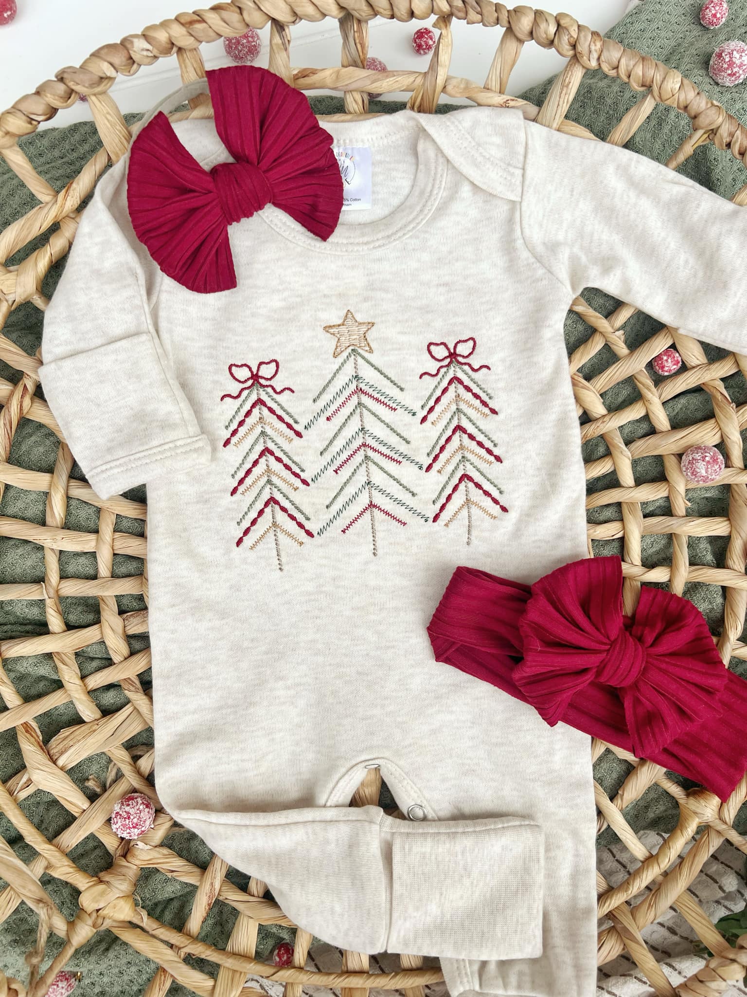 Baby Romper | Oatmeal Baby Girl Romper Christmas Tree