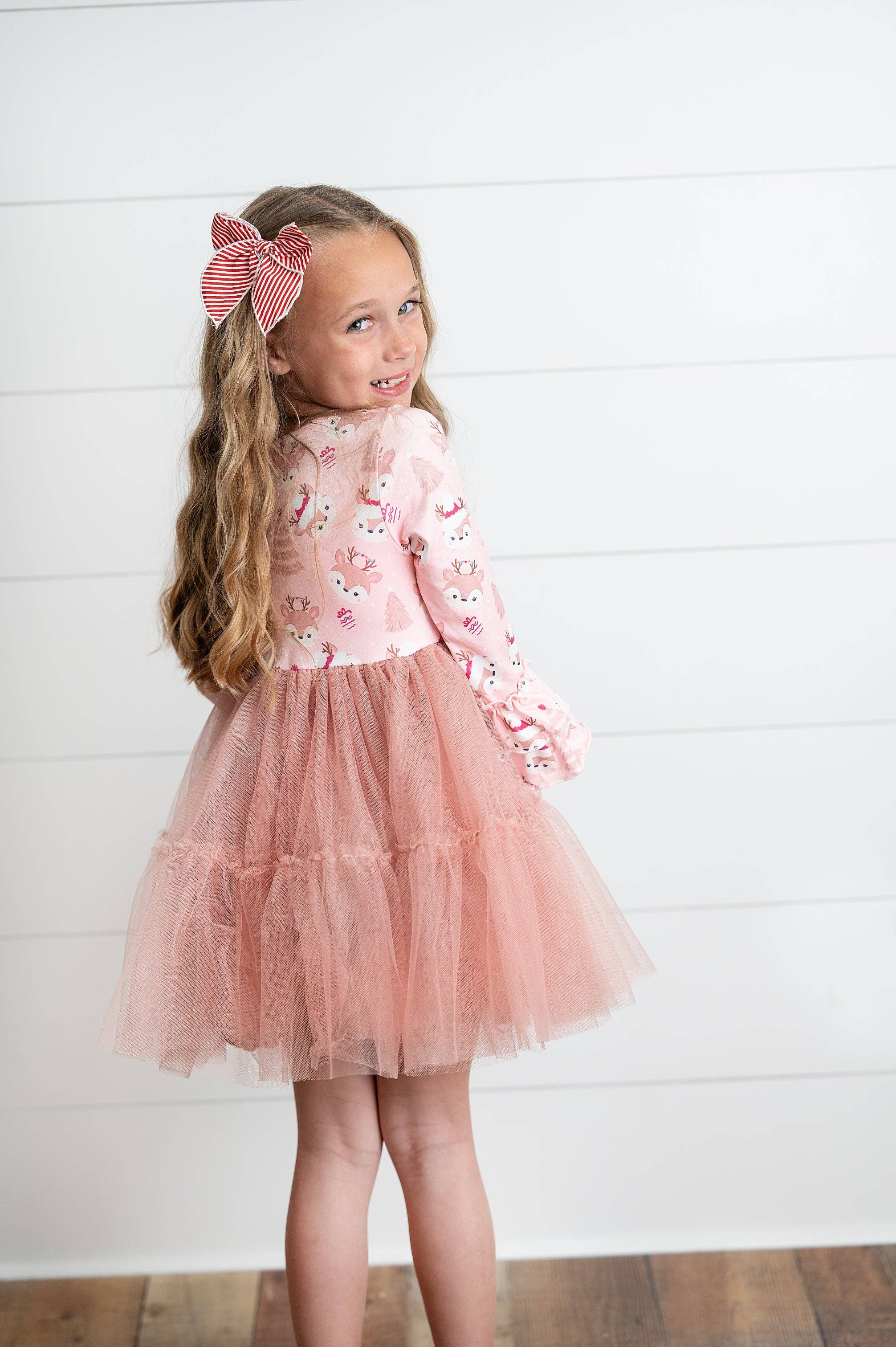 Kids Pink Reindeer Tulle Ruffle Sleeve Holiday Dress