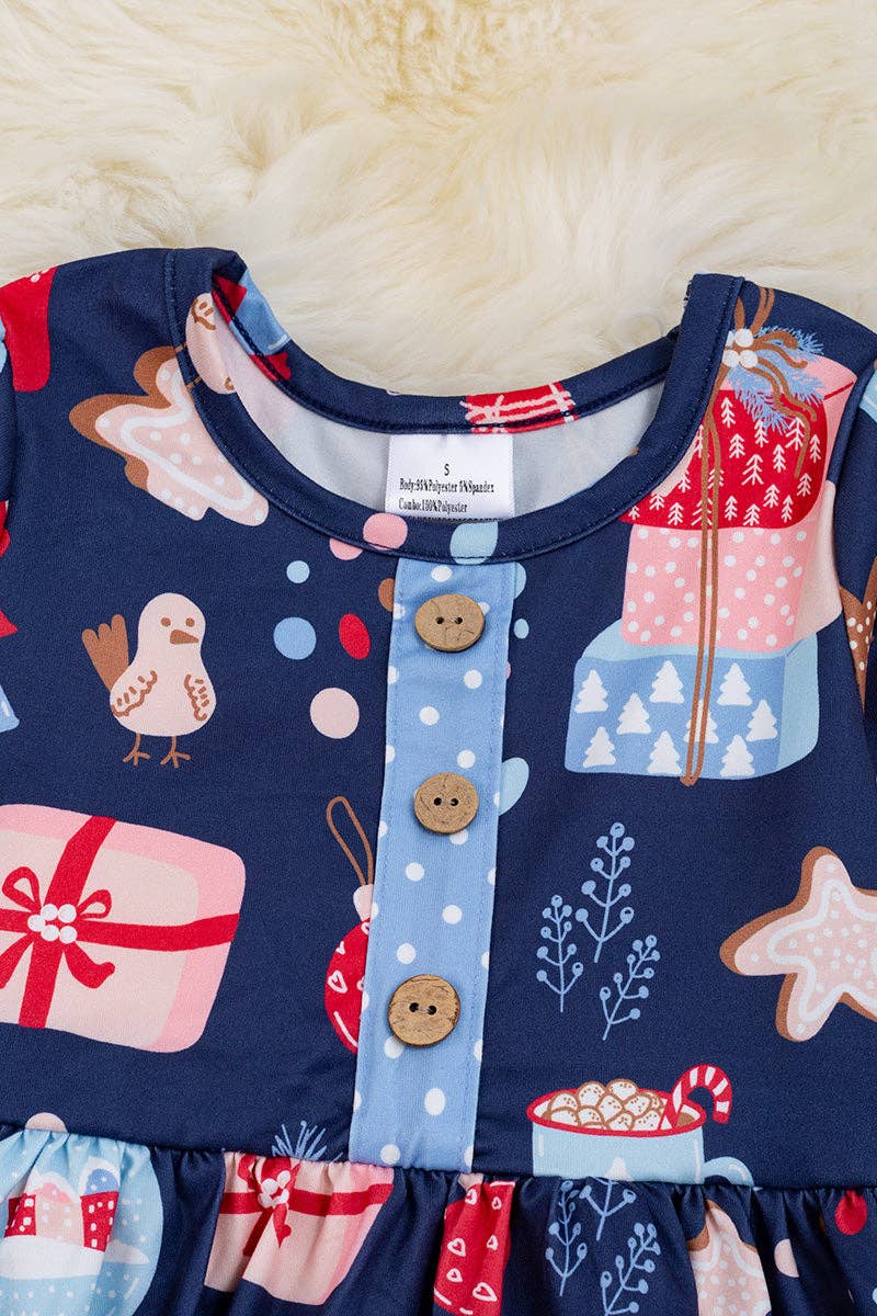 Navy blue Christmas Ornament dress w/side pocket. DRG5013306