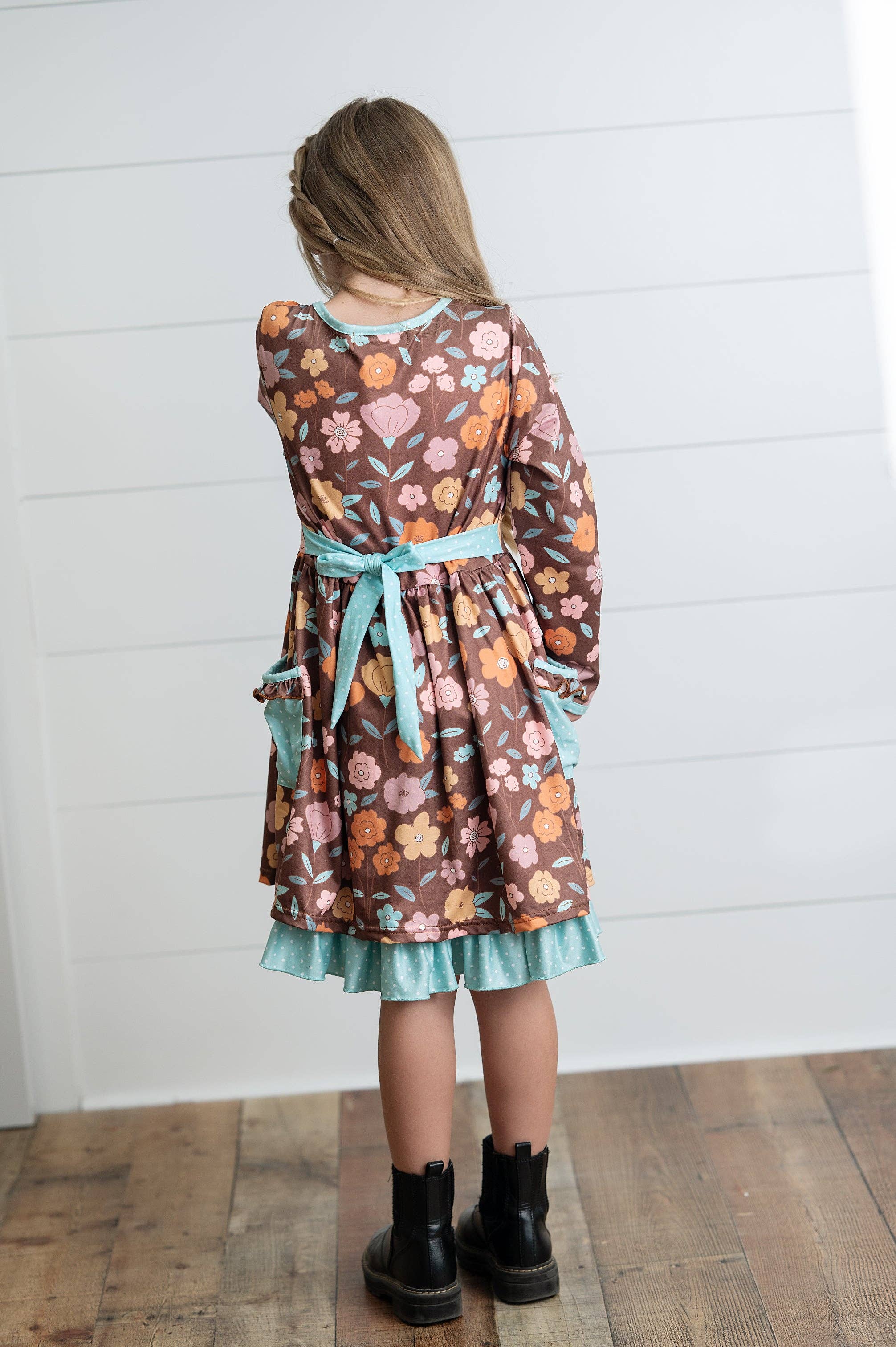 Girls Brown Floral Ruffle Pocket Tie Fall Dress