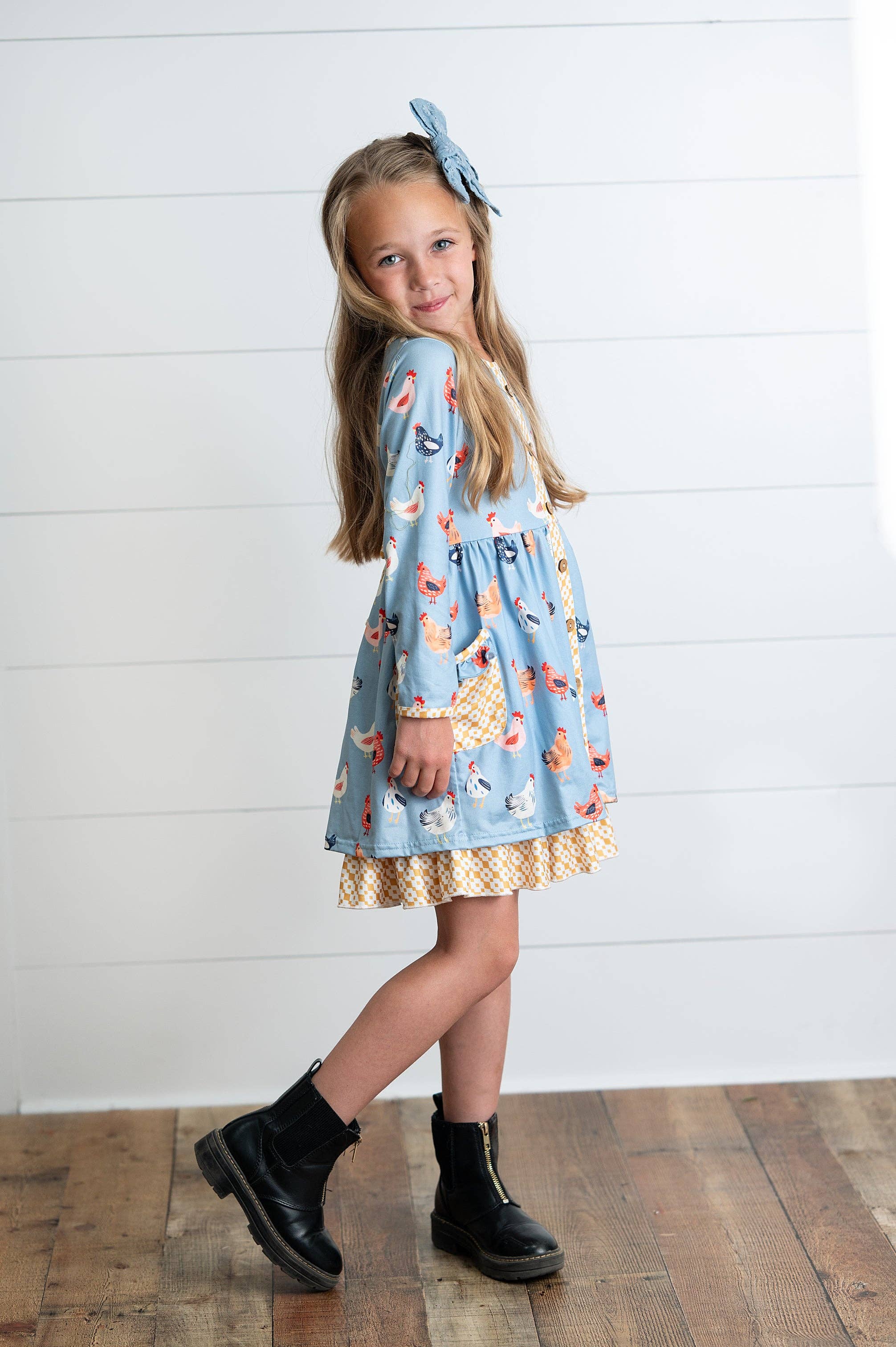 Girls Blue Chicken Ruffle Button Pocket Tie Fall Dress