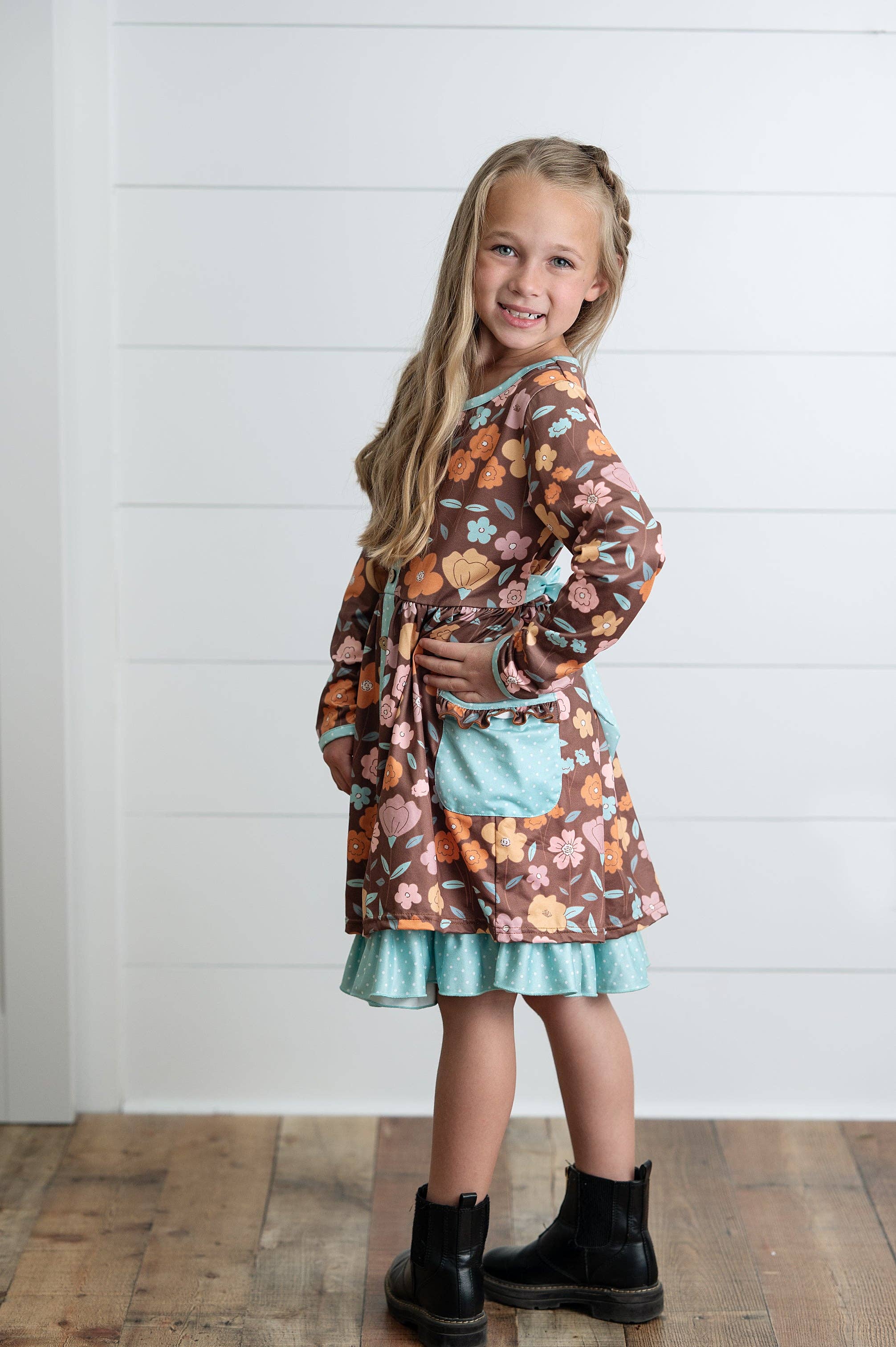 Girls Brown Floral Ruffle Pocket Tie Fall Dress