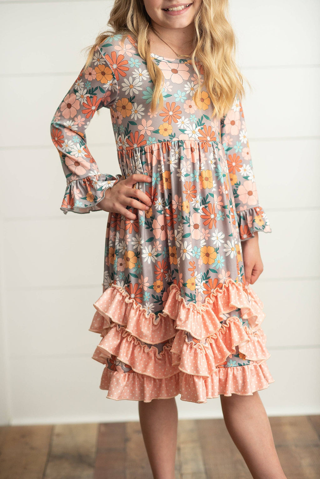 Kids Peach Vintage Floral Long Sleeve Fall 3 Ruffle Dress