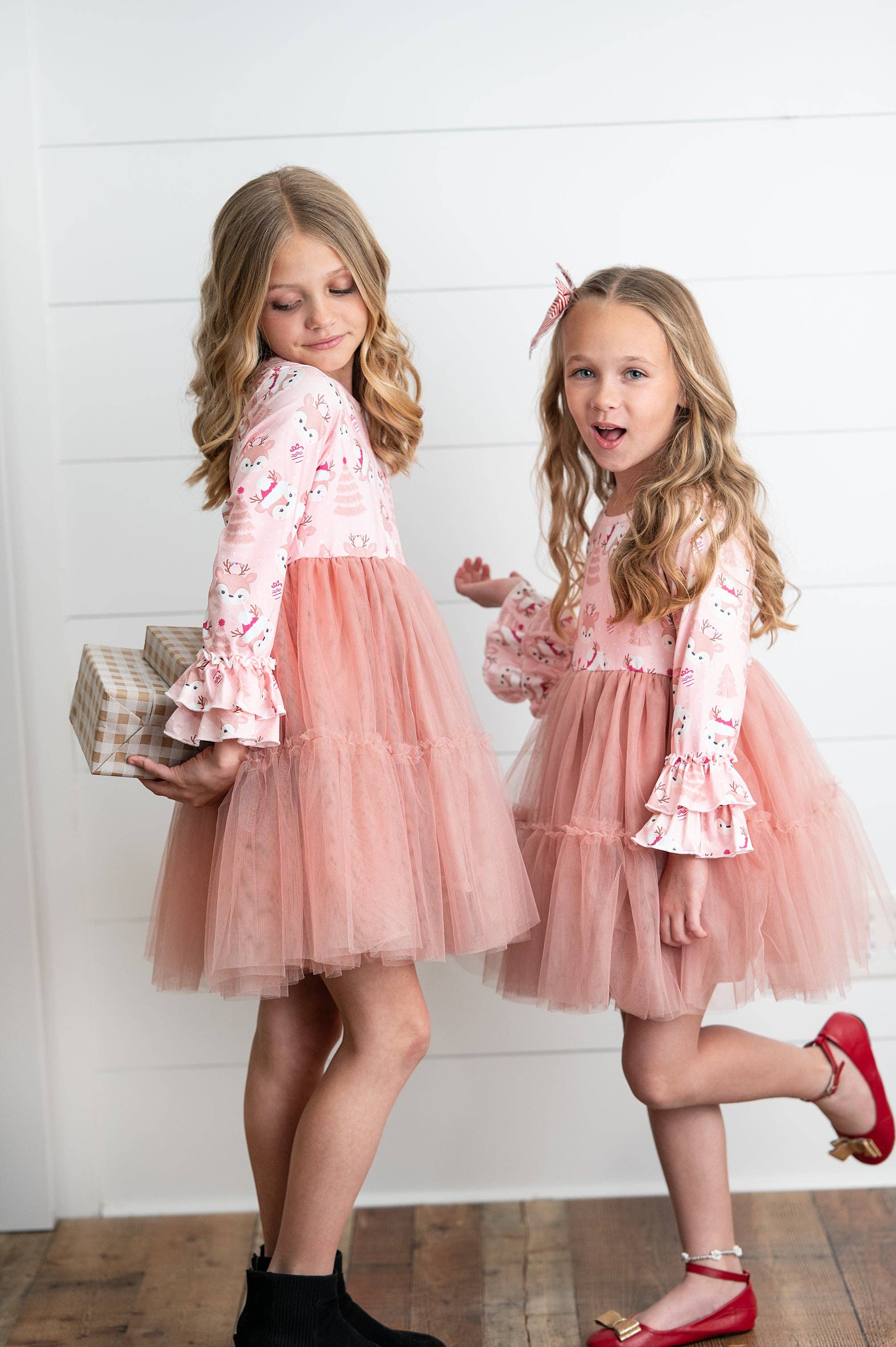 Kids Pink Reindeer Tulle Ruffle Sleeve Holiday Dress