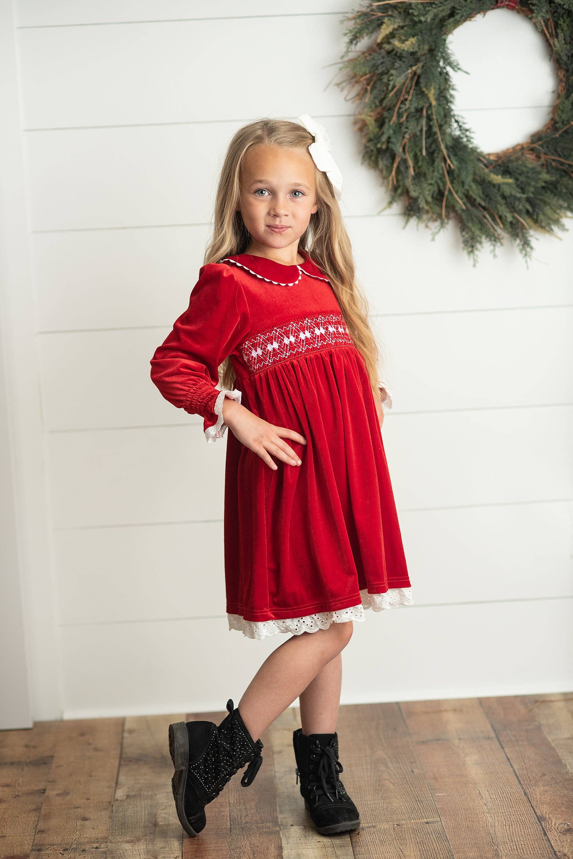 Kids Red Velvet Smocked Lace Peter Pan Winter Holiday Dress