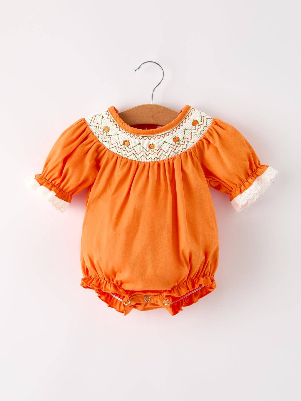 Fall Thanksgiving&Halloween Orange Pumpkin Smock Embroidery Lace Baby Girl Romper