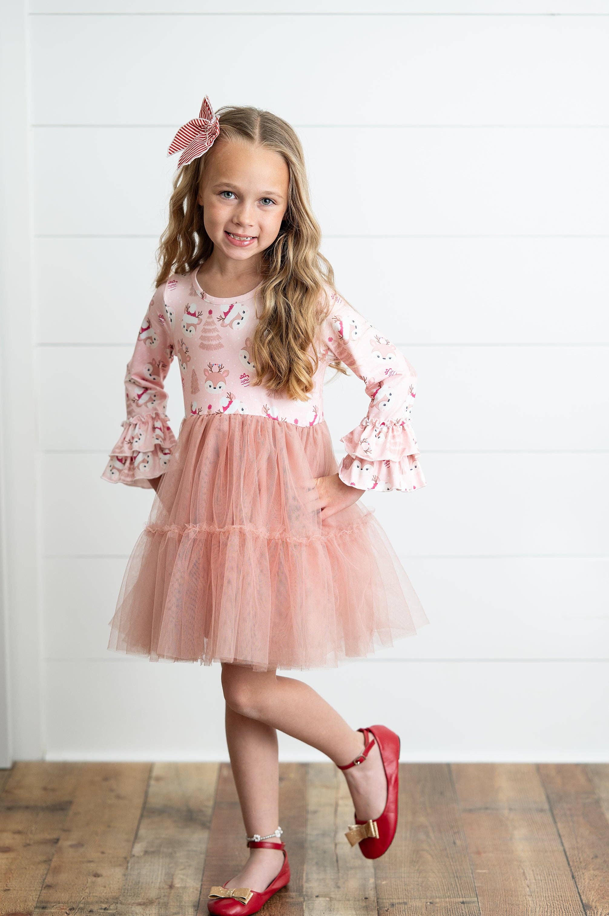 Kids Pink Reindeer Tulle Ruffle Sleeve Holiday Dress