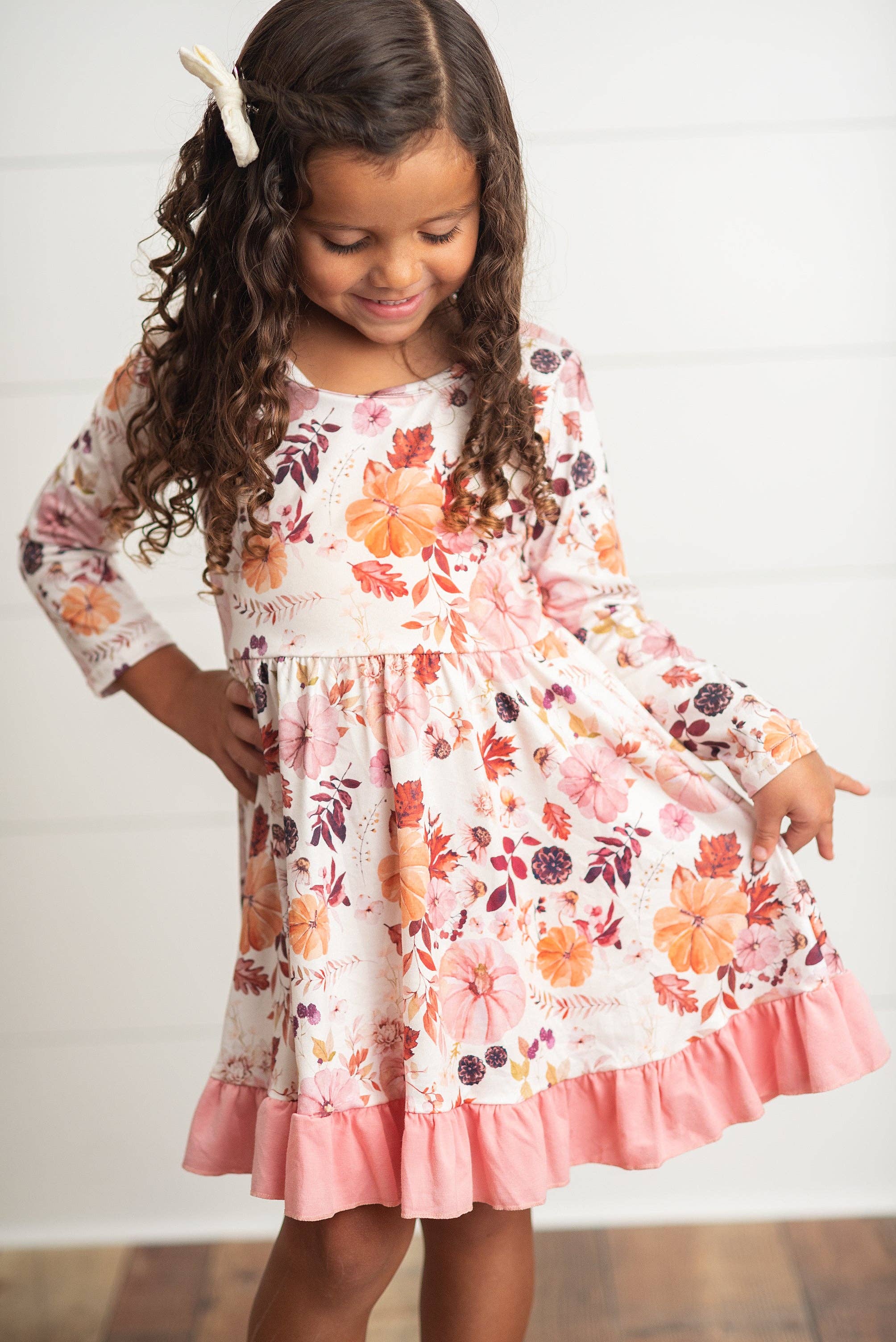 Kids Pink & Coral Vintage Pumpkin Floral Ruffle Fall Dress