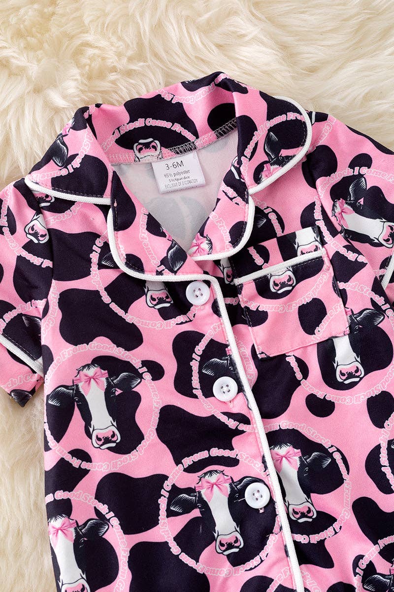" I come from good stock" Pink cow printed baby pajamas w/snaps. RPG50602 JEAN