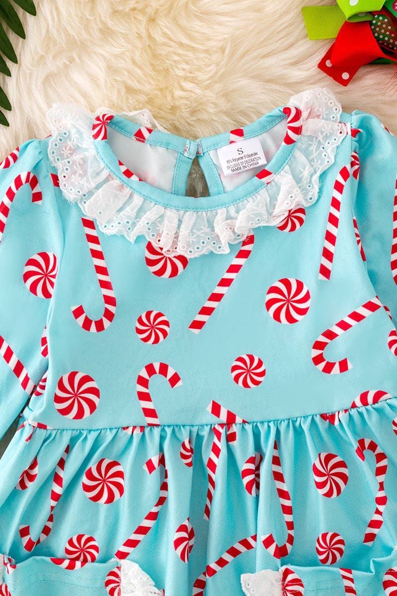 Candy cane aqua dress with embroidered pockets.🎄DRG42123 AMY
