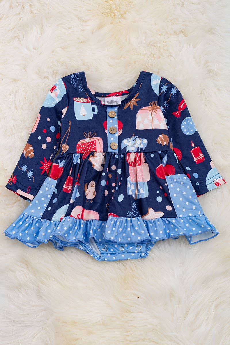 ❄️Navy blue Christmas Ornament baby onesie/dress. RPG50133062