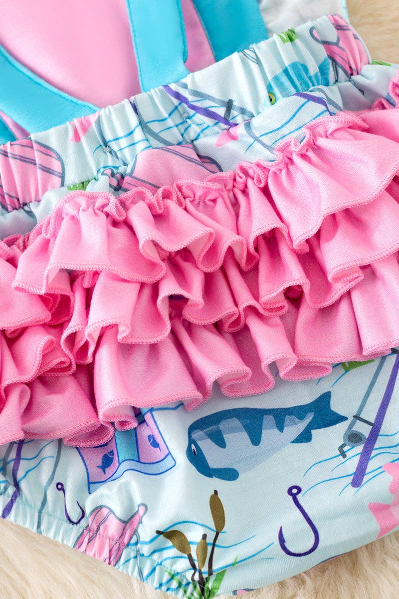 Ruffle butt, gone fishing baby onesie with snaps. RPG50601 JEAN