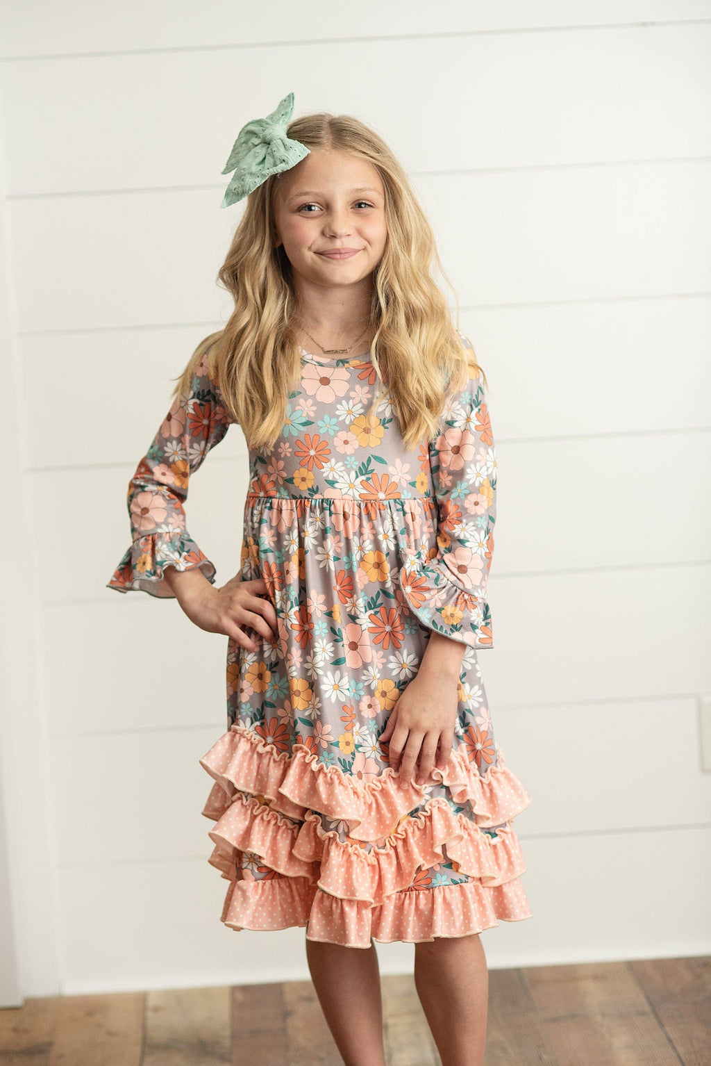 Kids Peach Vintage Floral Long Sleeve Fall 3 Ruffle Dress