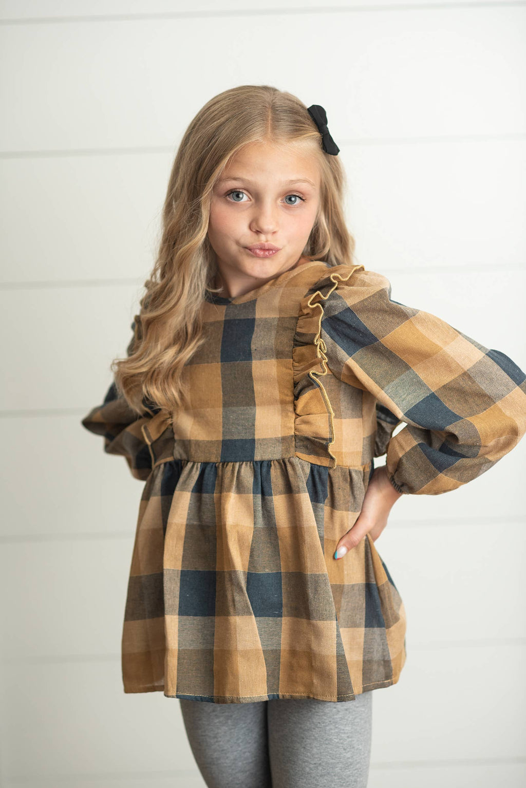 Girls Mustard & Gray Plaid Ruffle Button Fall Winter Set