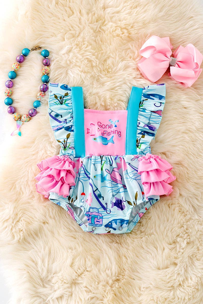 Ruffle butt, gone fishing baby onesie with snaps. RPG50601 JEAN