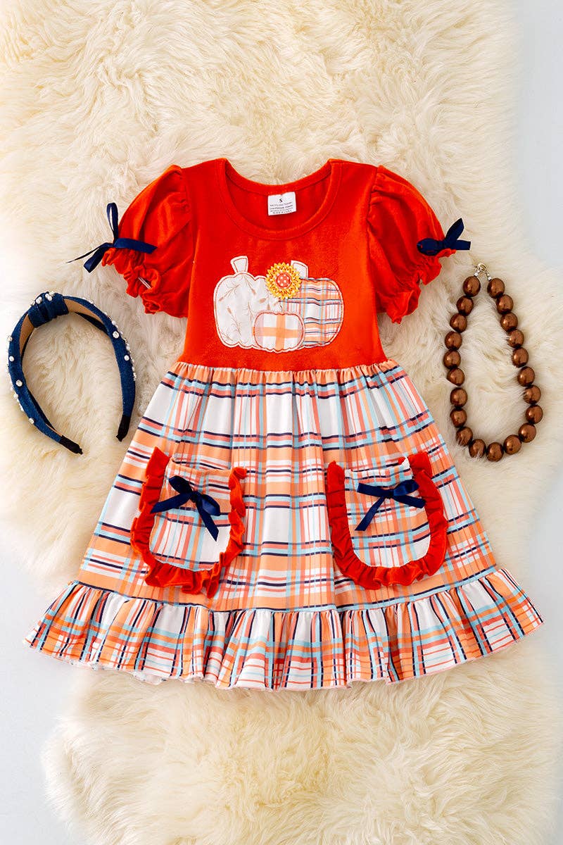 DRG40684 SOL: Pumpkin application ruffle dress