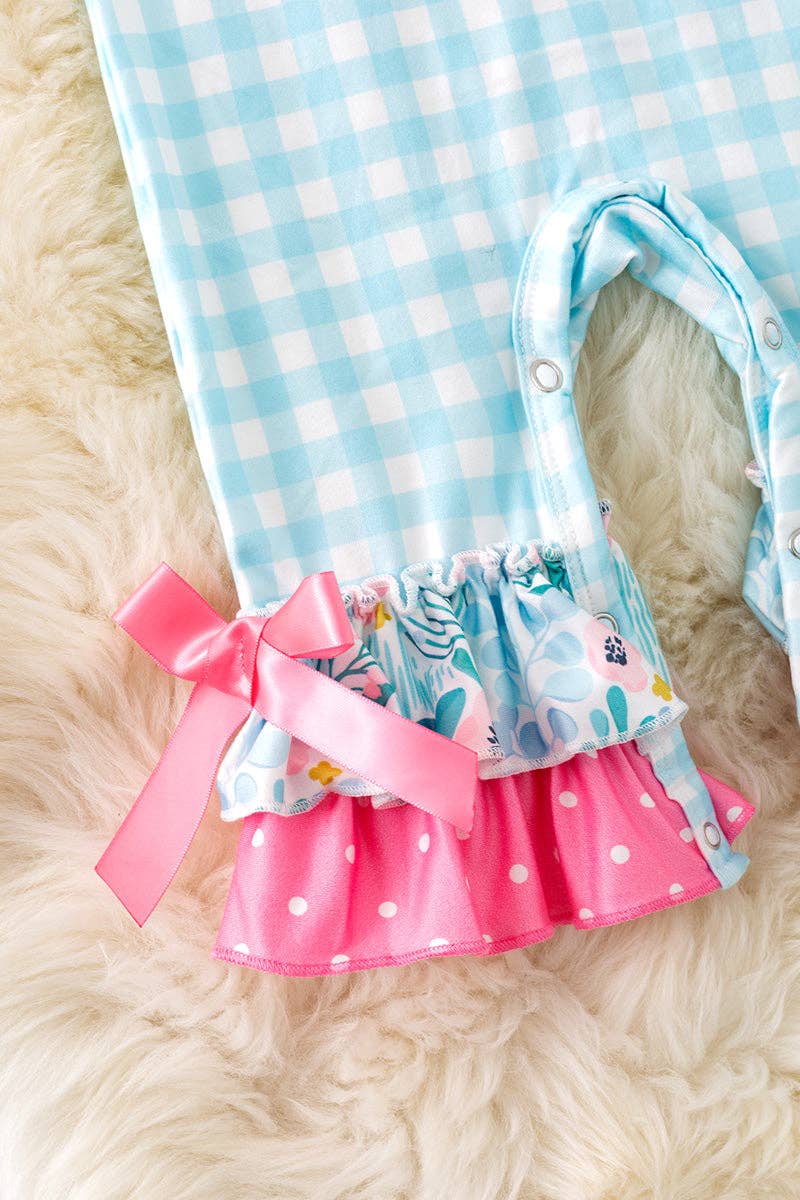 Gingham wagon application girls baby romper. RPG50361 Jean