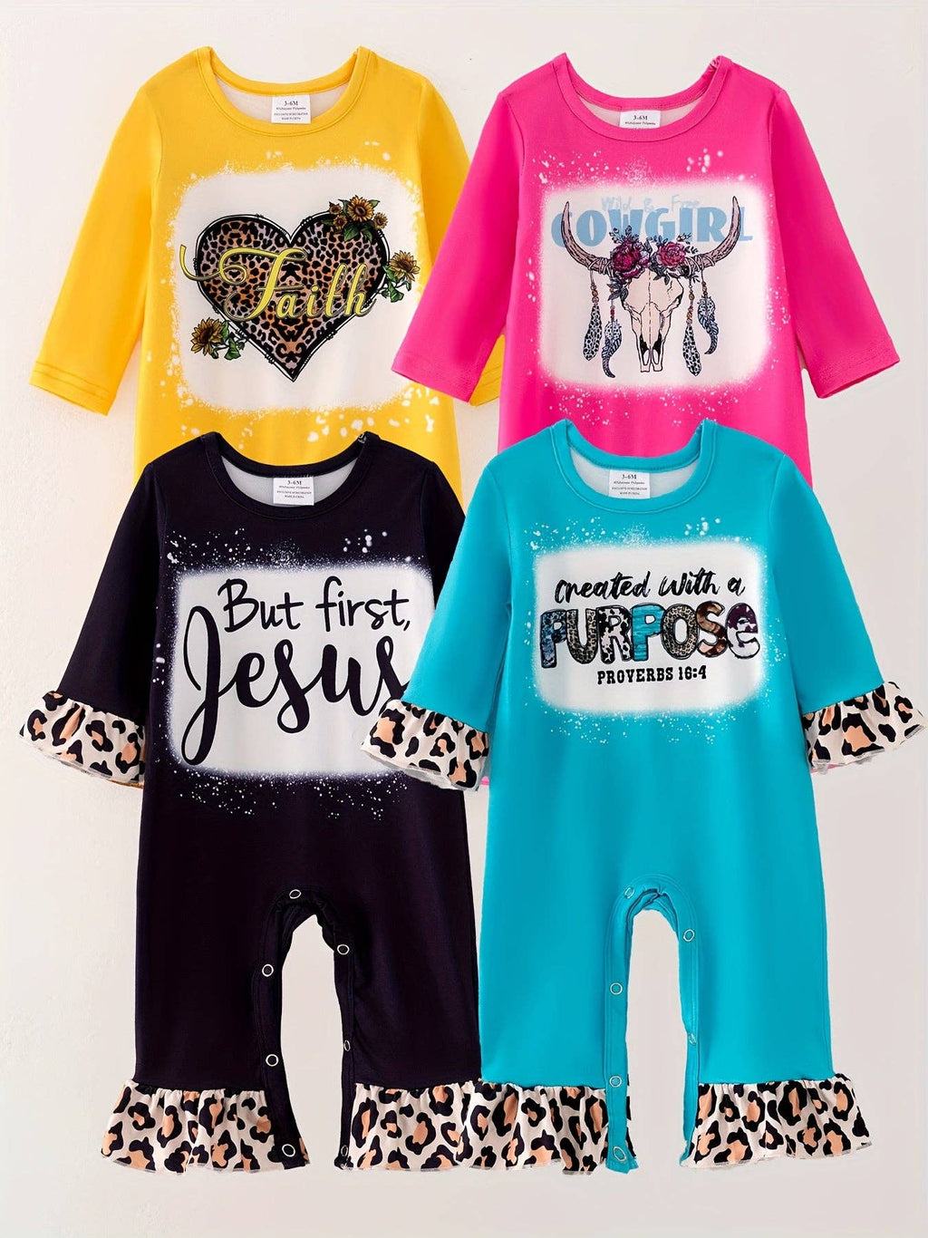 4 piece Baby Girl Autumn /Winter Cow Letter Leopard O-neck Ruffle Romper Set
