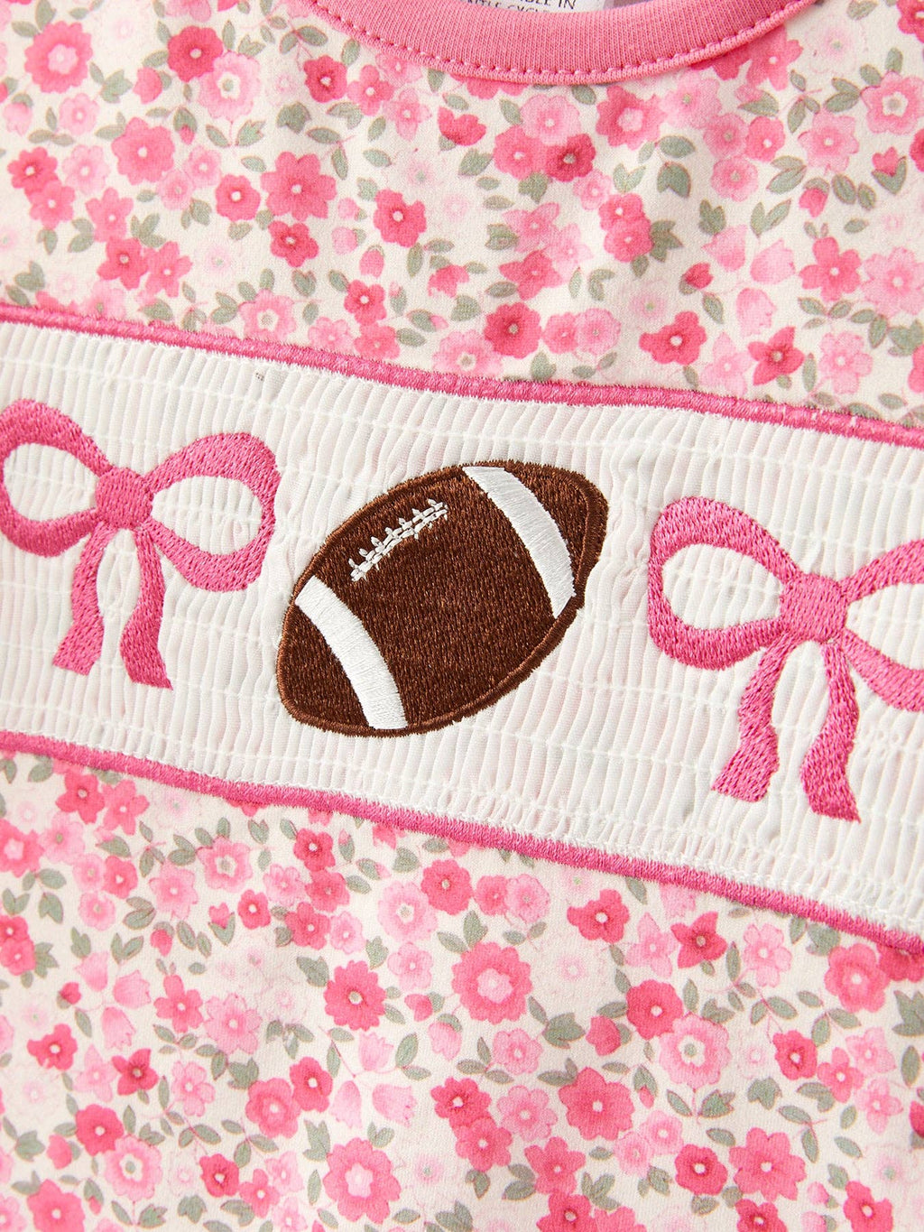 Football Smocking Bow Embroidered Girls Ruffle Outfit Set