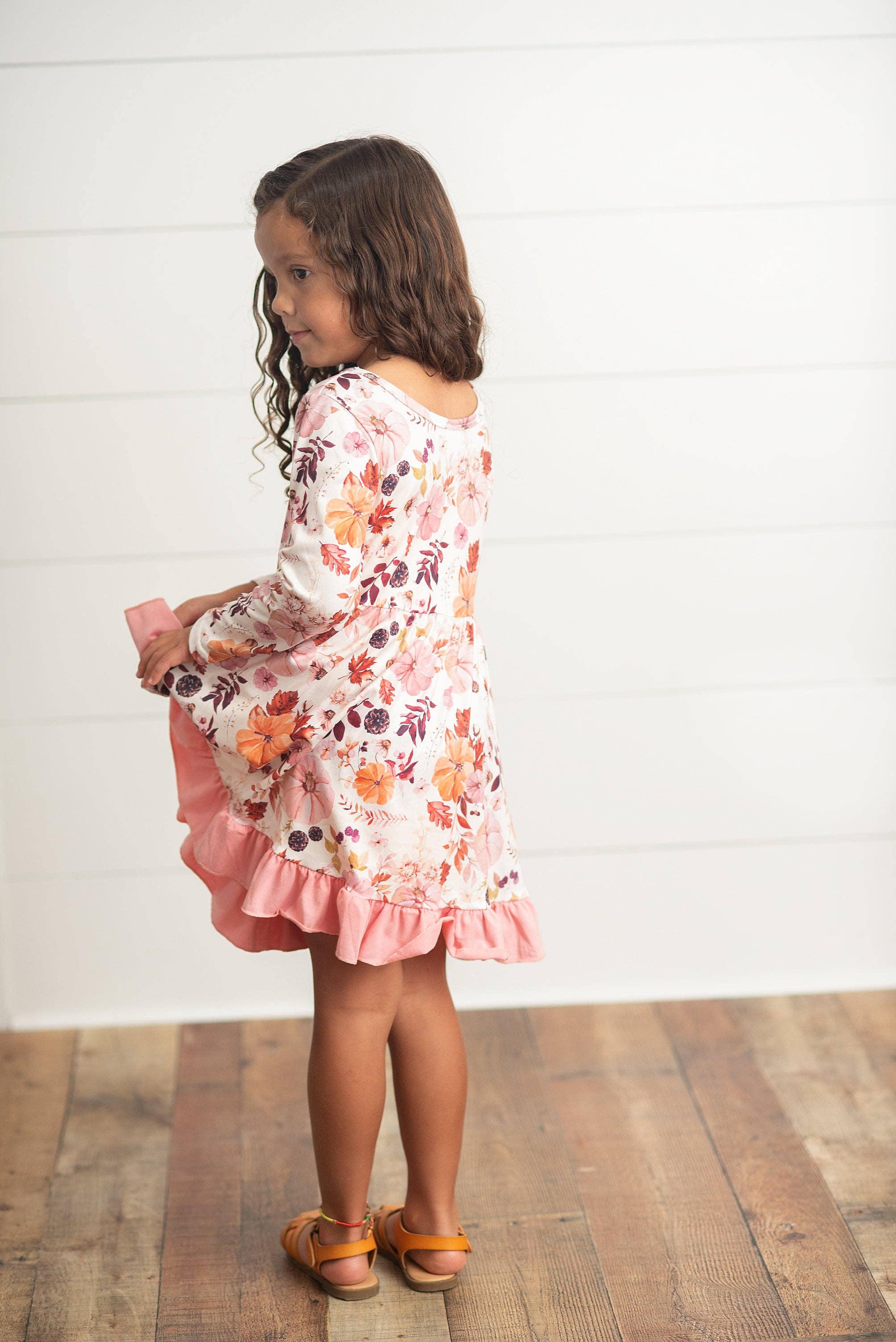 Kids Pink & Coral Vintage Pumpkin Floral Ruffle Fall Dress