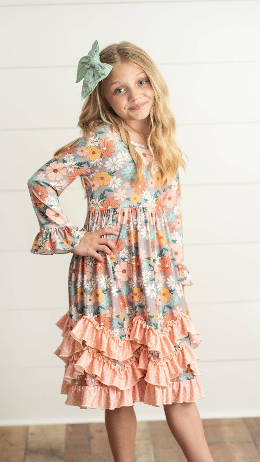 Kids Peach Vintage Floral Long Sleeve Fall 3 Ruffle Dress