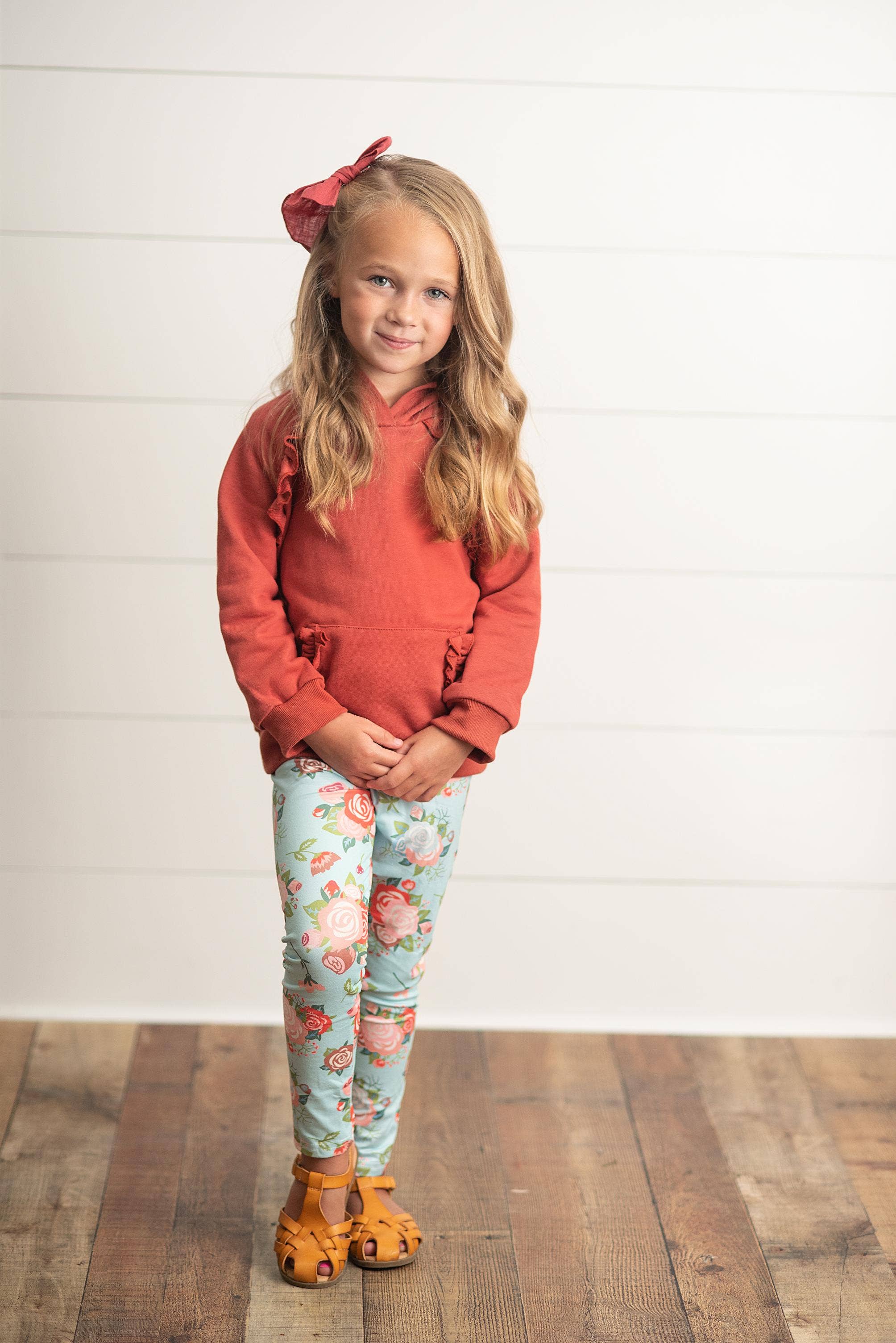 Kids Rust Pocket Ruffle Hoodie Shirt & Leggings Fall Set