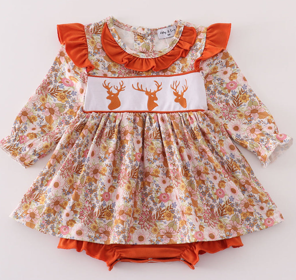 Rust floral print deer embroidery ruffle bubble