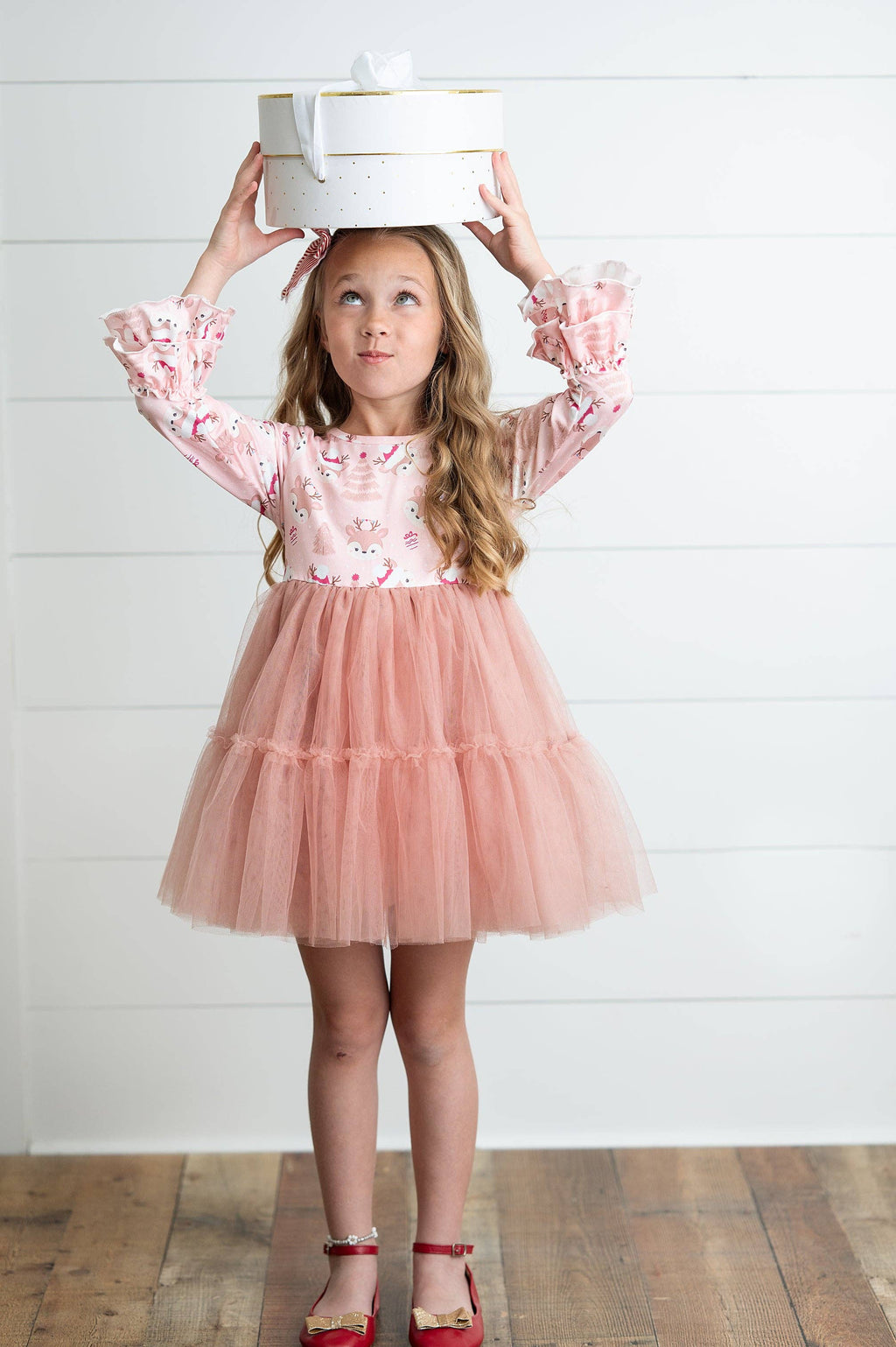 Kids Pink Reindeer Tulle Ruffle Sleeve Holiday Dress
