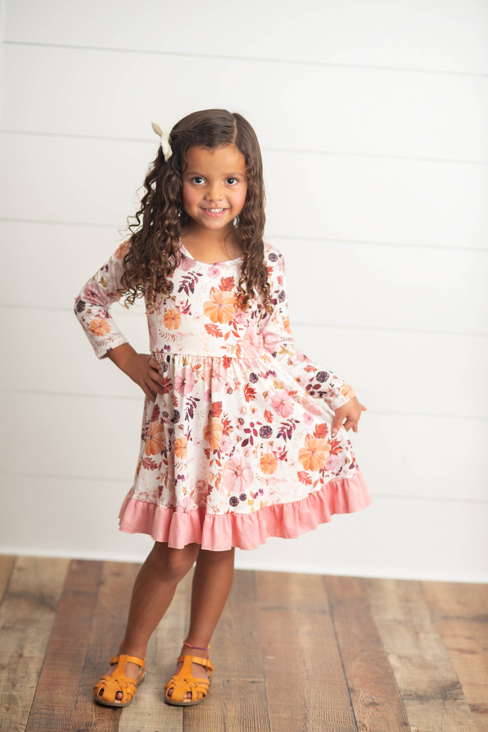 Kids Pink & Coral Vintage Pumpkin Floral Ruffle Fall Dress