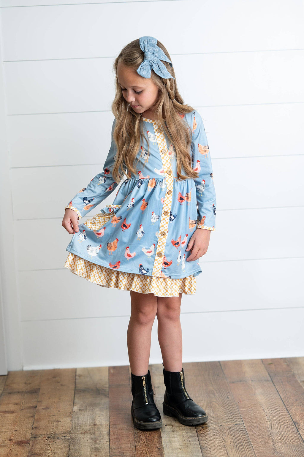Girls Blue Chicken Ruffle Button Pocket Tie Fall Dress