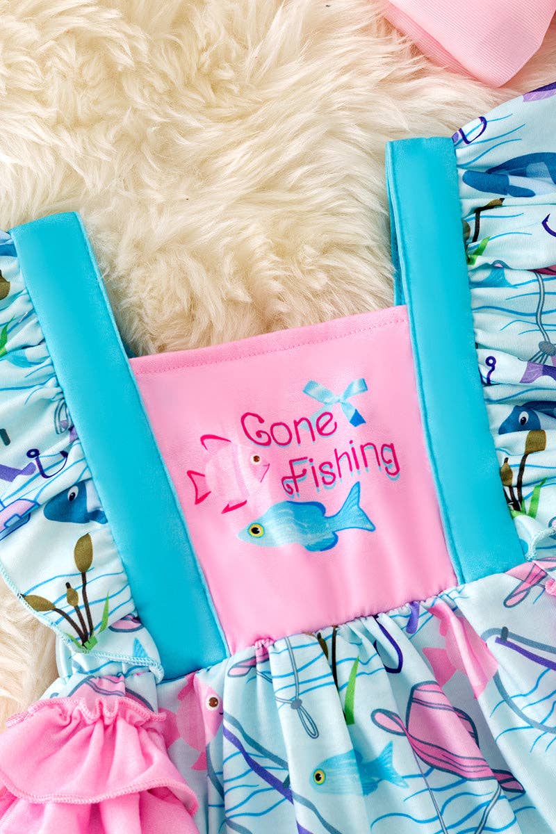 Ruffle butt, gone fishing baby onesie with snaps. RPG50601 JEAN