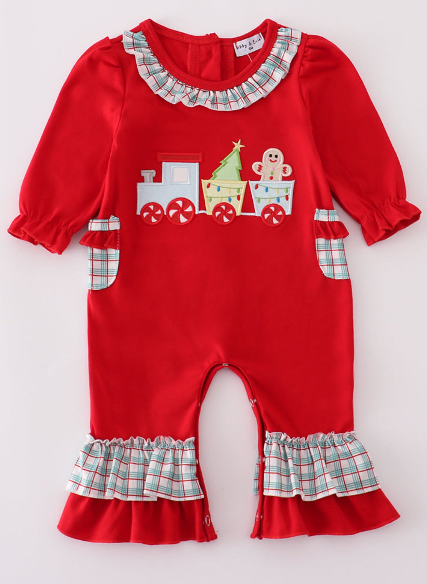 Red gingerbread appliqué ruffle romper
