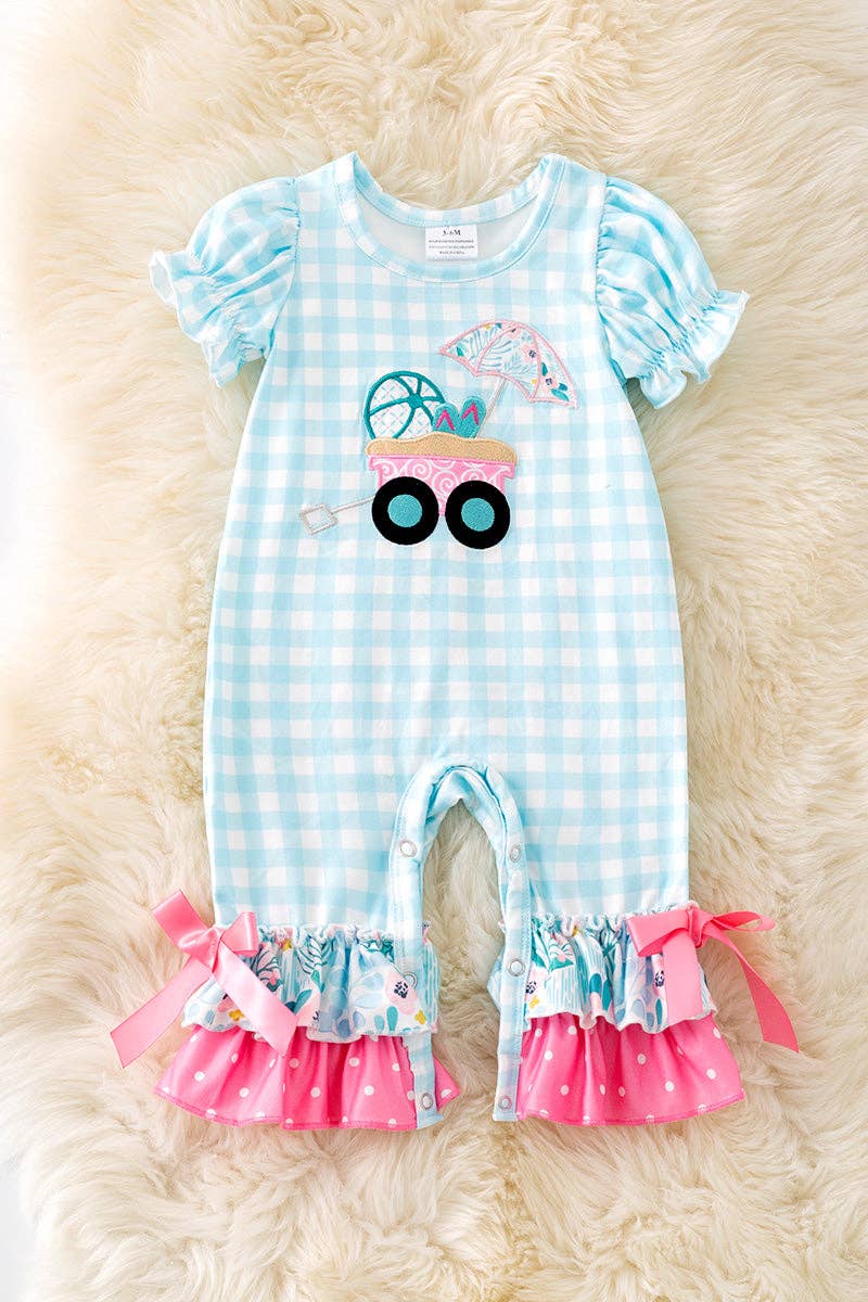 Gingham wagon application girls baby romper. RPG50361 Jean