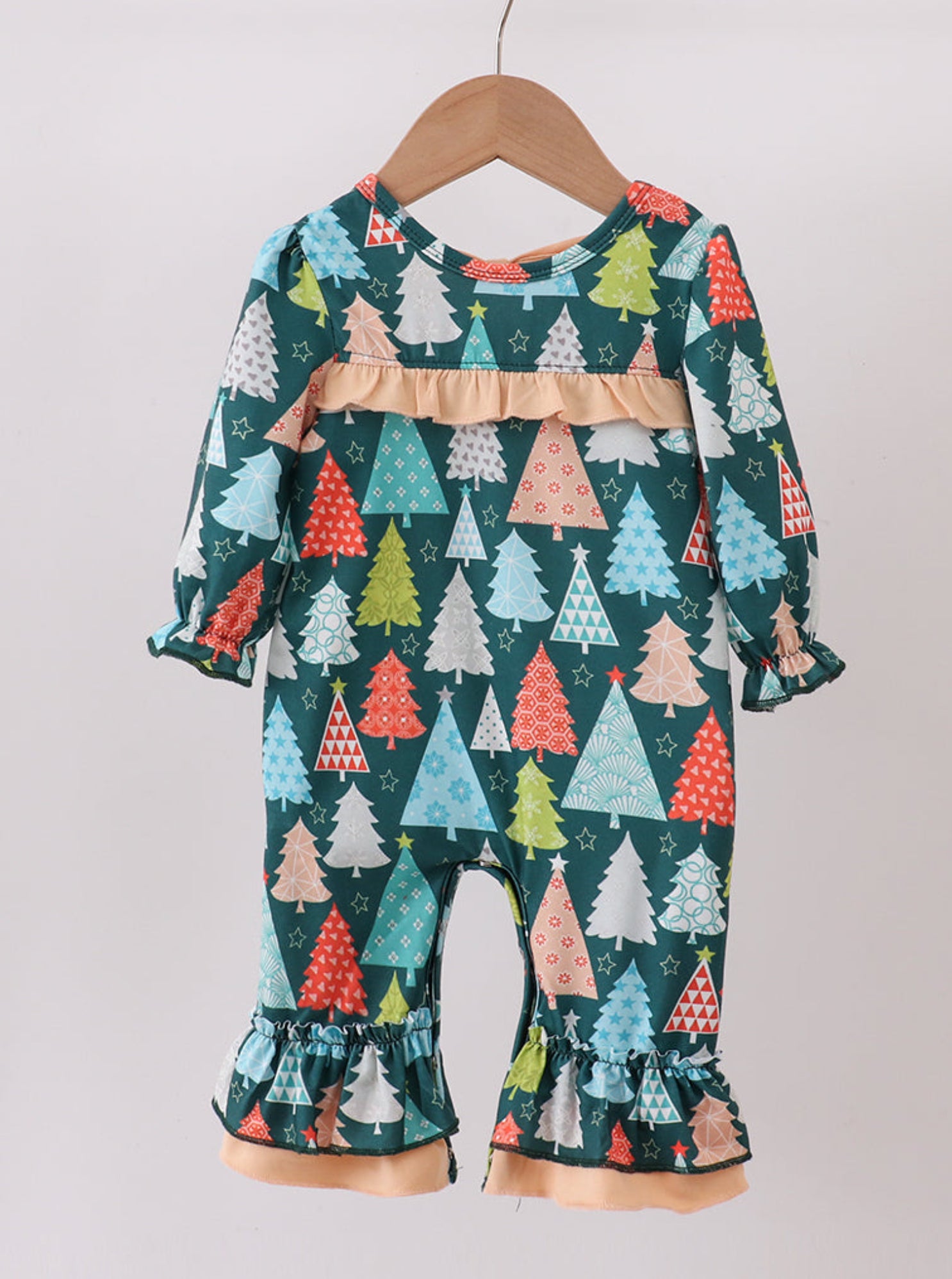 Green tree, print ruffle romper