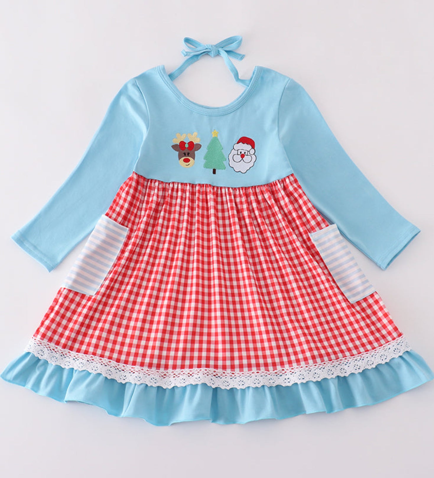 Blue deer tree Santa embroidery ruffle dress